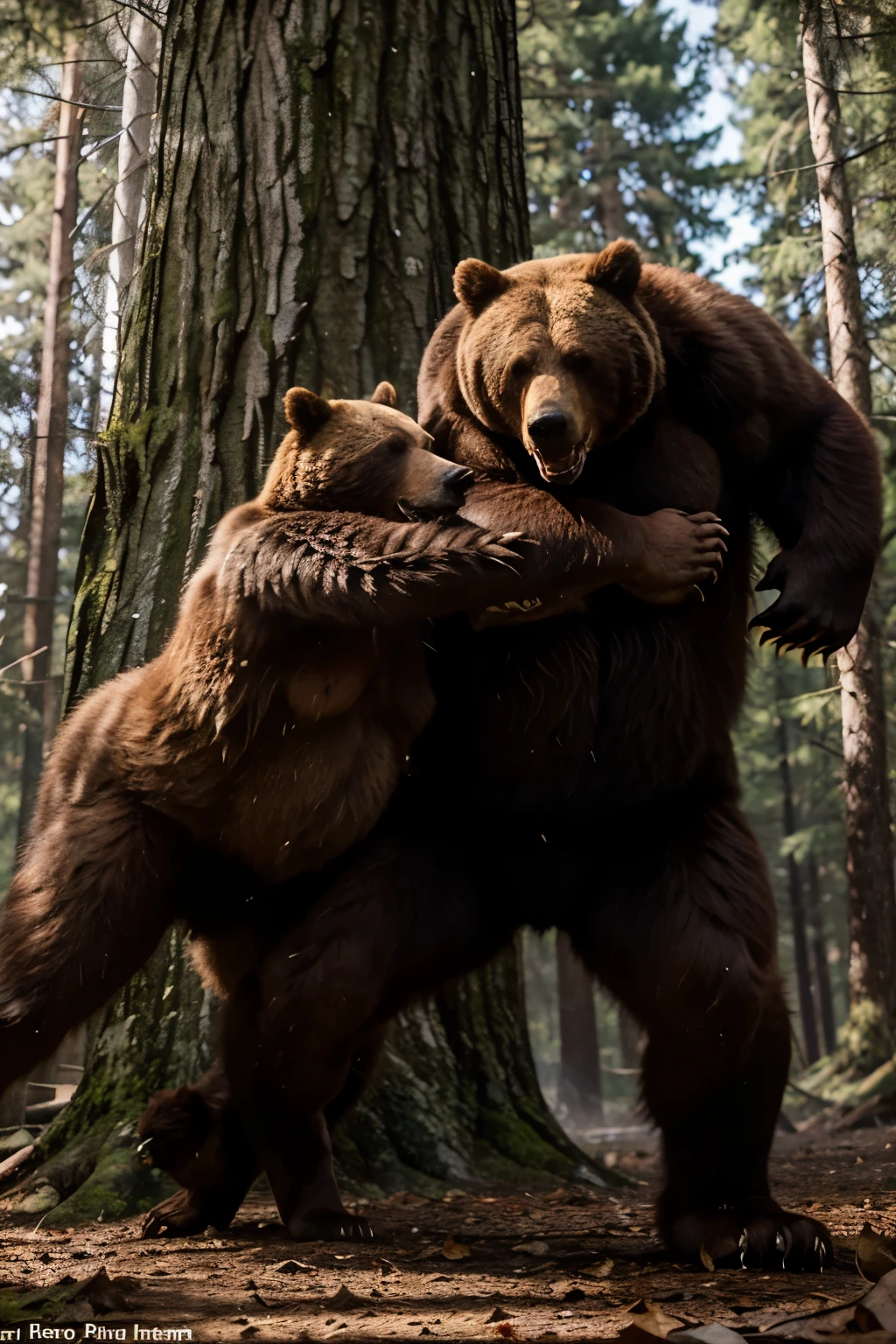 Two enraged grizzly bears clash in the dense forest, their massive forms shaking the trees and scattering leaves. Their amber eyes are fixed on each other, expressions of raw anger and determination. The larger bear towers over its opponent, its dark fur standing on end, as it swipes its paws in the air, preparing to strike. The smaller bear snarls, baring its sharp teeth, and lunges forward with incredible speed, colliding with its adversary in a deafening roar. The forest trembles beneath their powerful legs, and twigs snap under their paws. The scene is captured in stunning detail, each hair on the bears' coats visible, each muscle in their bodies t