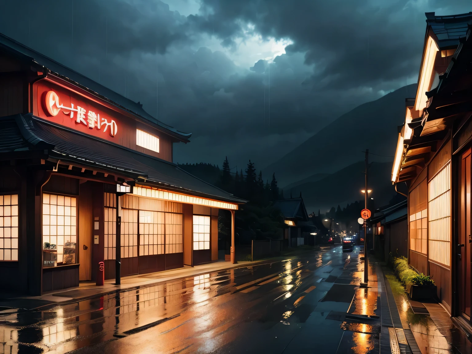 japan, modern Japanese gas station by the side of a road in the mountains, modern Japanese architecture, night-time, rain, best quality, (no one: 1), anime, anime style, lofi, dramatic weather, Japanese shop signs, lofi style, no other building, vegetation, woods, puddles of water, heavy rainfall, neon signs, plant pots, lanterns, lamps, storm, gloomy weather, dramatic weather, rain, raining, puddles, heavy rain, falling rain drops,