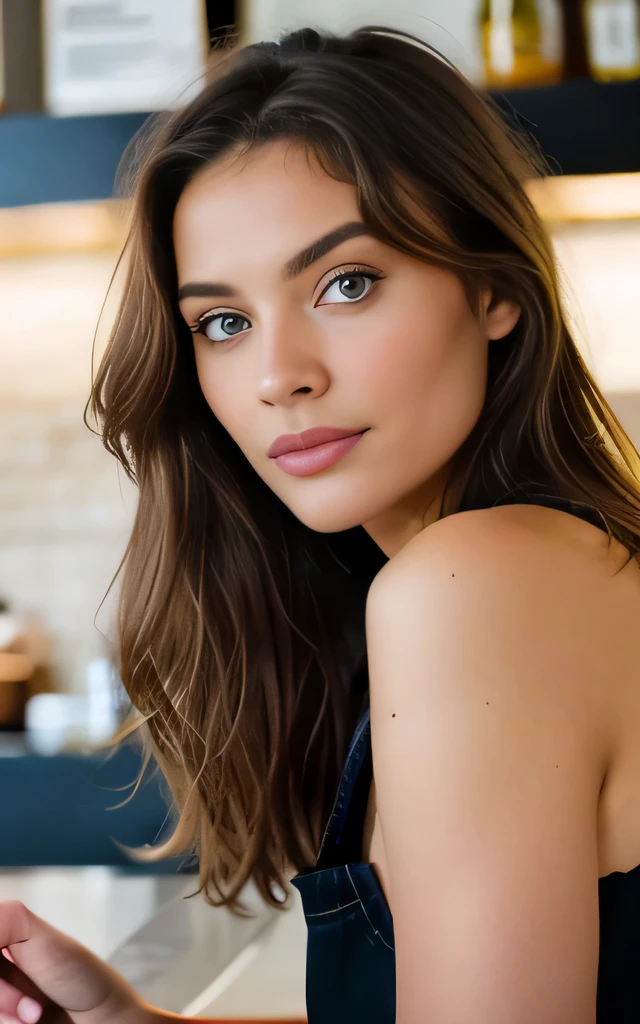 Belle brune aux reflets blonds, tout le corps, debout, porter un haut noir (dans un café) Très détaillé, 22 ans, , , visage innocent, cheveux ondulés naturels, yeux bleus, haute résolution, chef-d'ouvrages d'art, meilleure qualité, détails complexes, Très détaillé, acuité, peau détaillée, Texture de peau réaliste, texture, Yeux détaillés, professionnel, 4k, sourire charmant, prise avec Canon, 85mm, faible profondeur de champ, couleur de vision kodak, Corps parfaitement ajusté , extrêmement détaillé, la photographie_\(Ultra\), photoréaliste, réaliste, Post-traitement, détails maximum, rugosité, vrai vie, ultra réaliste, Photoréalisme, la photographie, 8k euh, la photographie, gros seins