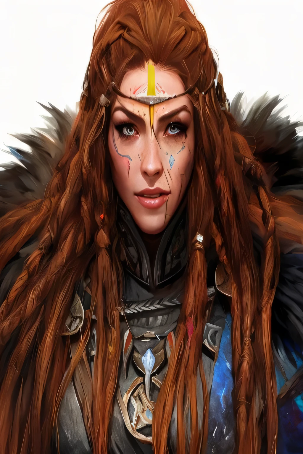 um close de uma mulher com cabelos longos e uma cruz na testa, Aloy, uma mulher berserker muito bonita, Aloy from horizon: zero amanhecer, Aloy from horizon zero amanhecer, guerreira do norte, cyberpunk irritado lindo druida, arte de personagem impressionante, Guerreira adulta do norte, Portrait of a female druid, cabelo cravado em martelo de guerra, personagem feminina