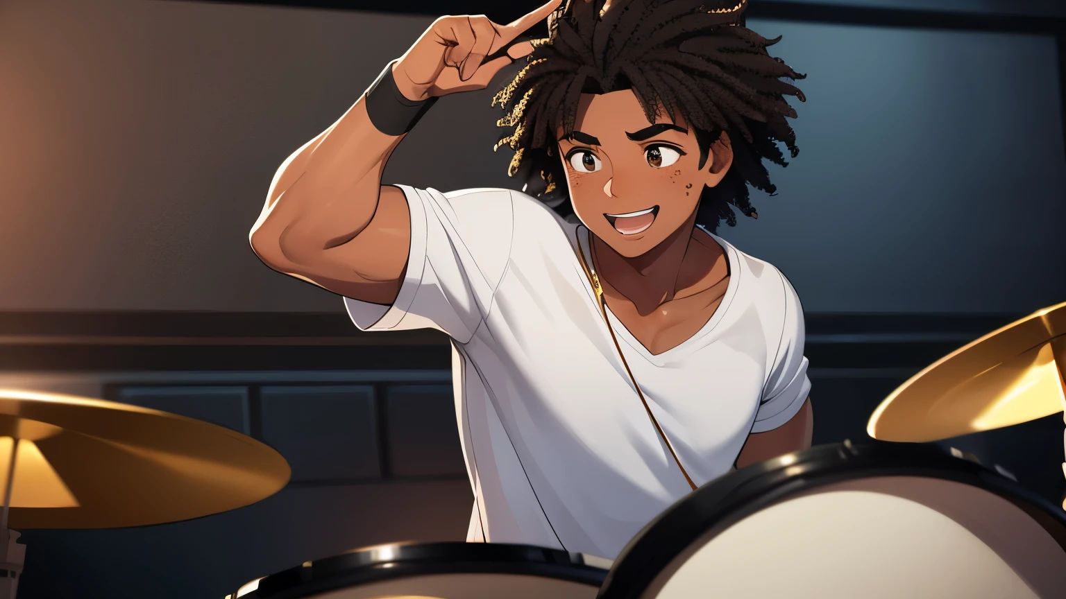 Dark-skinned boy, black curly hair, freckles on his face, happy, taking off a stylized mask, showing a part of his face, playing the drums, high resolution, high details, 4K, ultra hd