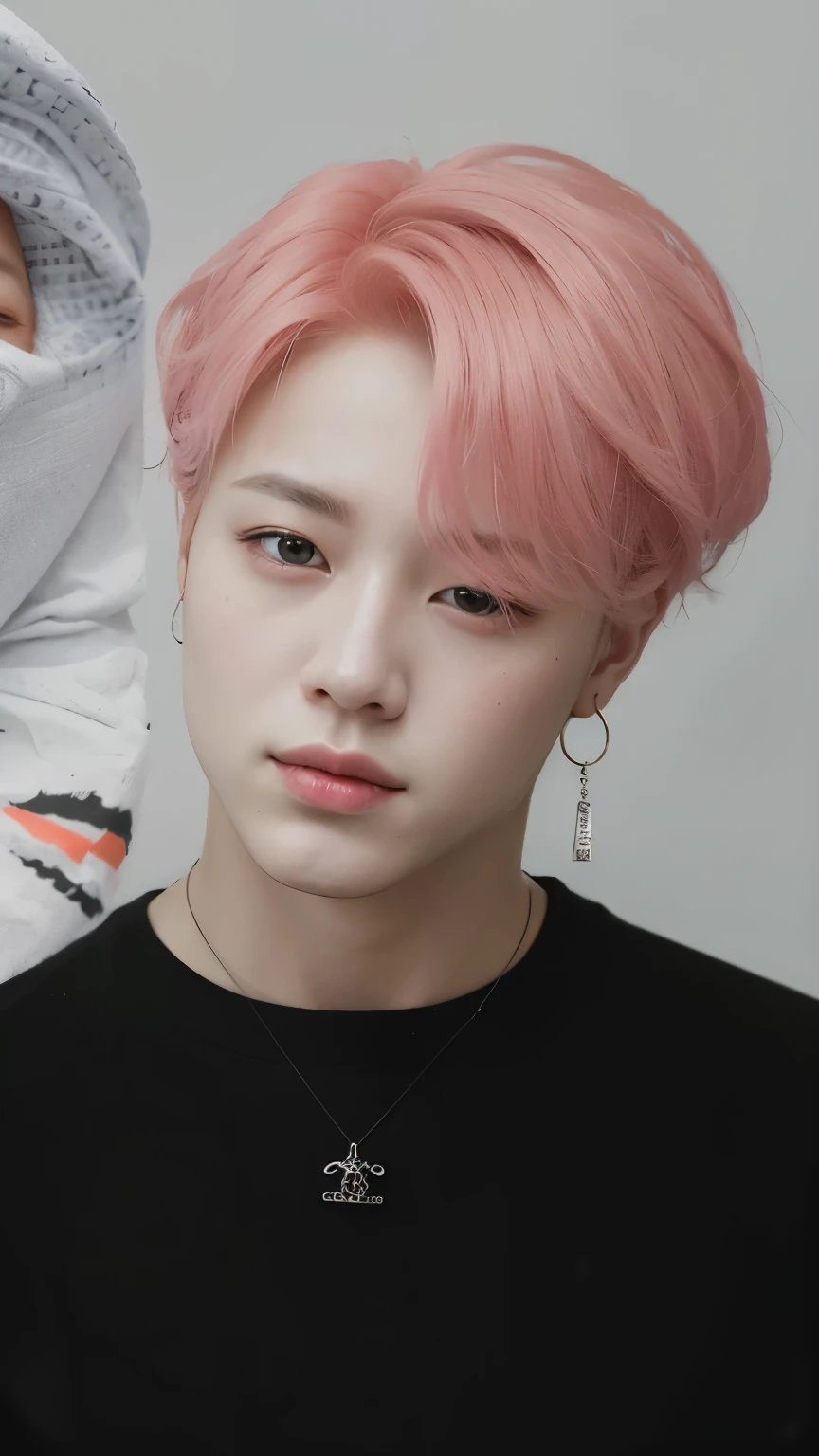 a closeup of a person with pink hair and a sweater, park Jimin, Jimin\los labios carnosos, accurate Jimin face, Jimin\his right eyelid is swollen, Jimin, Jimin\la nariz griega, retrato de jossi de blackpink, TaeJune Kim, el tiene pelos gris oscuro, hyung tae, Jung Jaehyun, kpop idol portrait