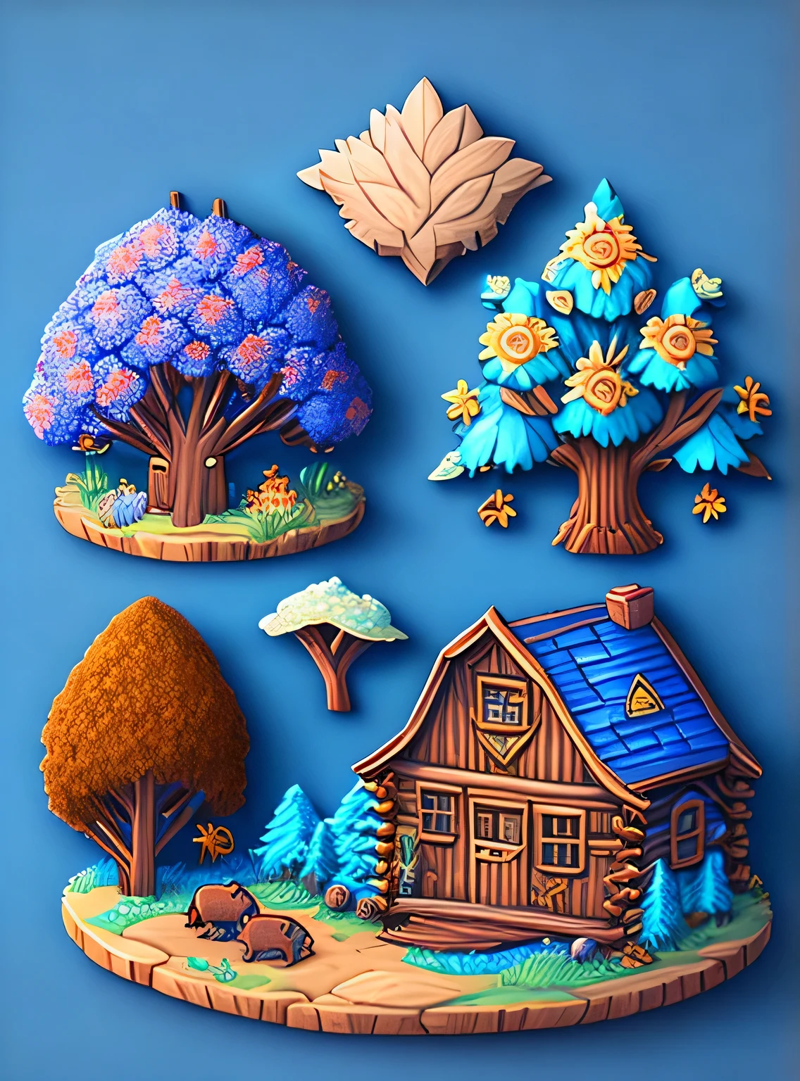 Ornamentos redondos，Vale de Stardew， cabine de madeira，The tree，florais，criaturas，The outline is sharp，(fundo azul)