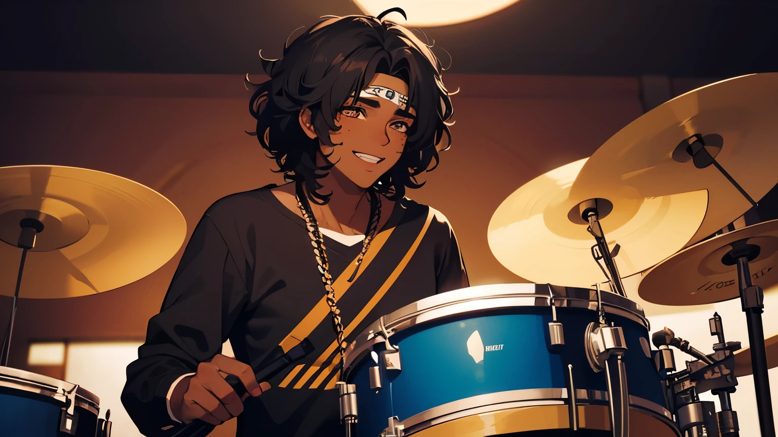Dark-skinned boy, black curly hair, freckles on his face, happy, taking off a stylized mask, showing a part of his face, playing the drums, high resolution, high details, 4K, ultra hd