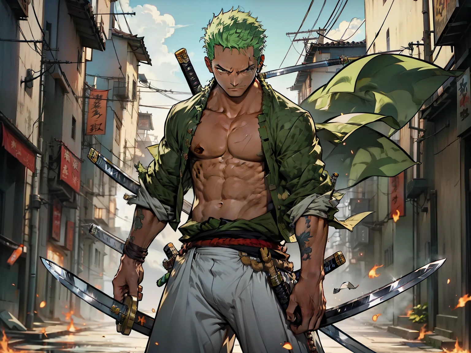 roronoa zoro shirtless with his swords standing in a heroic pose