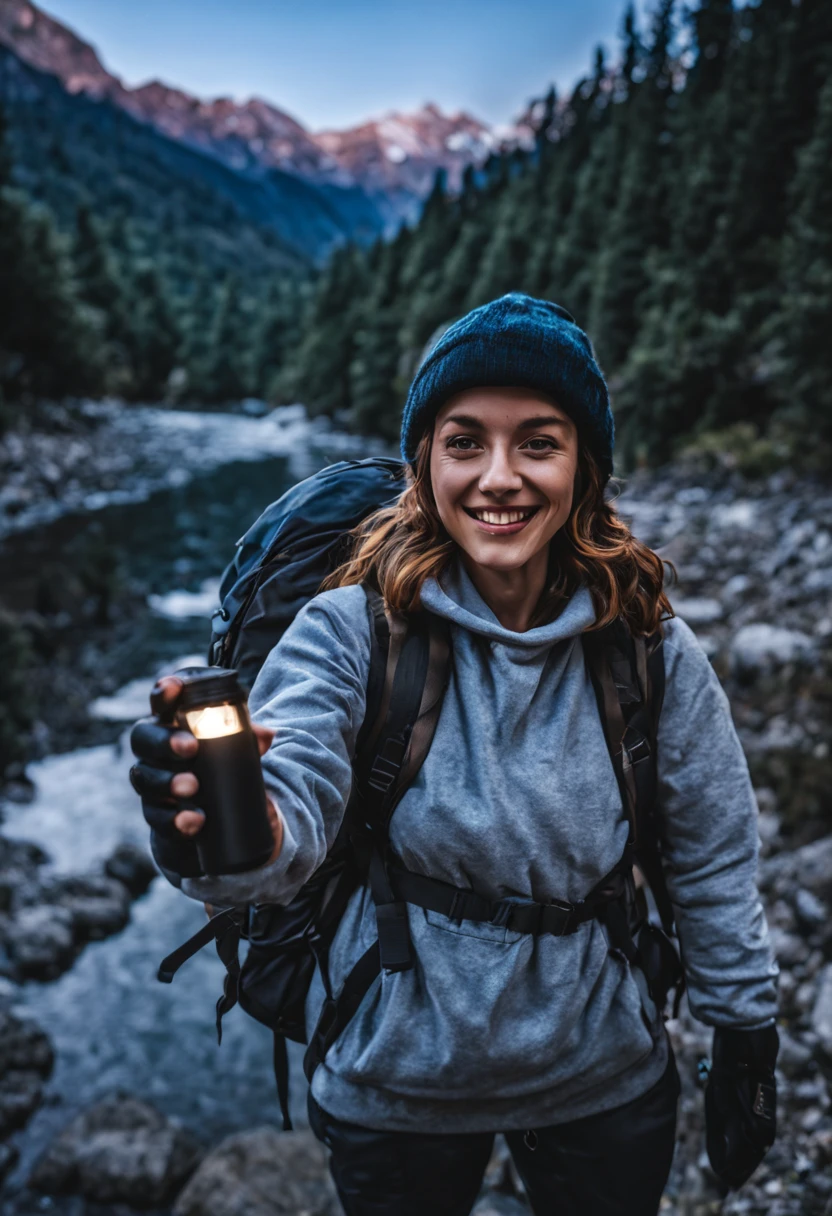 1 woman ((upper body selfie, happy)), masterpiece, best quality, ultra-detailed, solo, outdoors, (night), mountains, nature, (stars, moon) cheerful, happy, backpack, sleeping bag, camping stove, water bottle, mountain boots, gloves, sweater, hat, flashlight, forest, rocks, river, wood, smoke, shadow