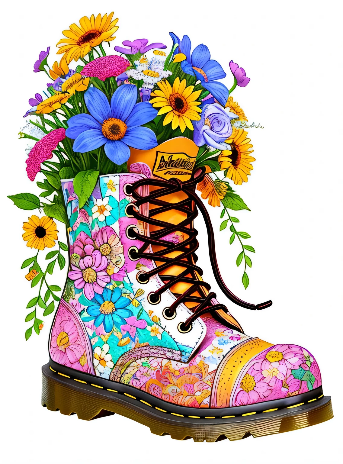 um close de uma bota com flores e uma casa, colorful digital illustration, colorful illustration, muito detalhado e colorido, arte digital altamente detalhada, arte detalhada fofa, arte caprichosa, arte mais detalhada, highly detailed illustration, botas doc marten, Direction: Arthur Adams, Direction: John Backderf, ricamente detalhado colorido, por Randy Post, altamente detalhado e colorido