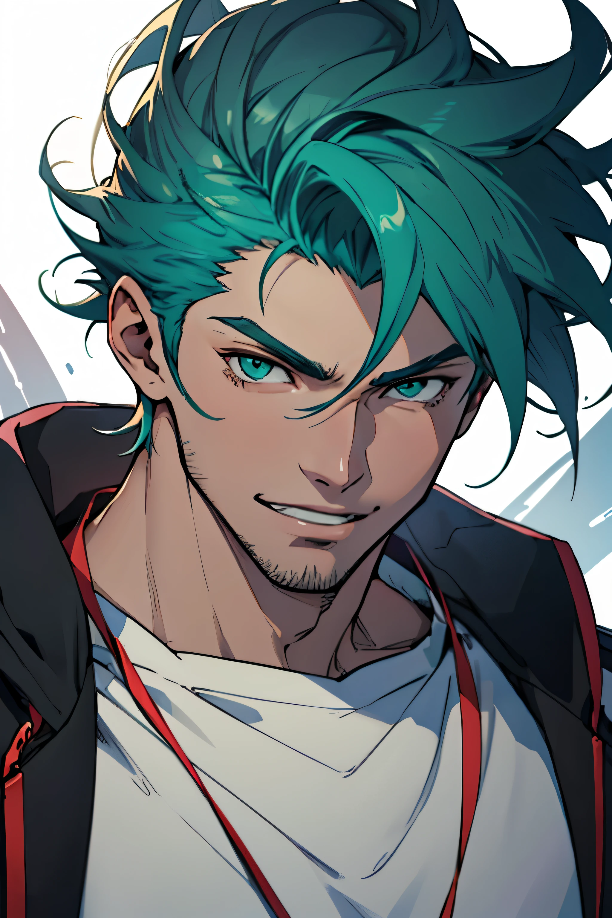 Personagem de anime masculino com cabelo vermelho e verde e dentes cerrilhados