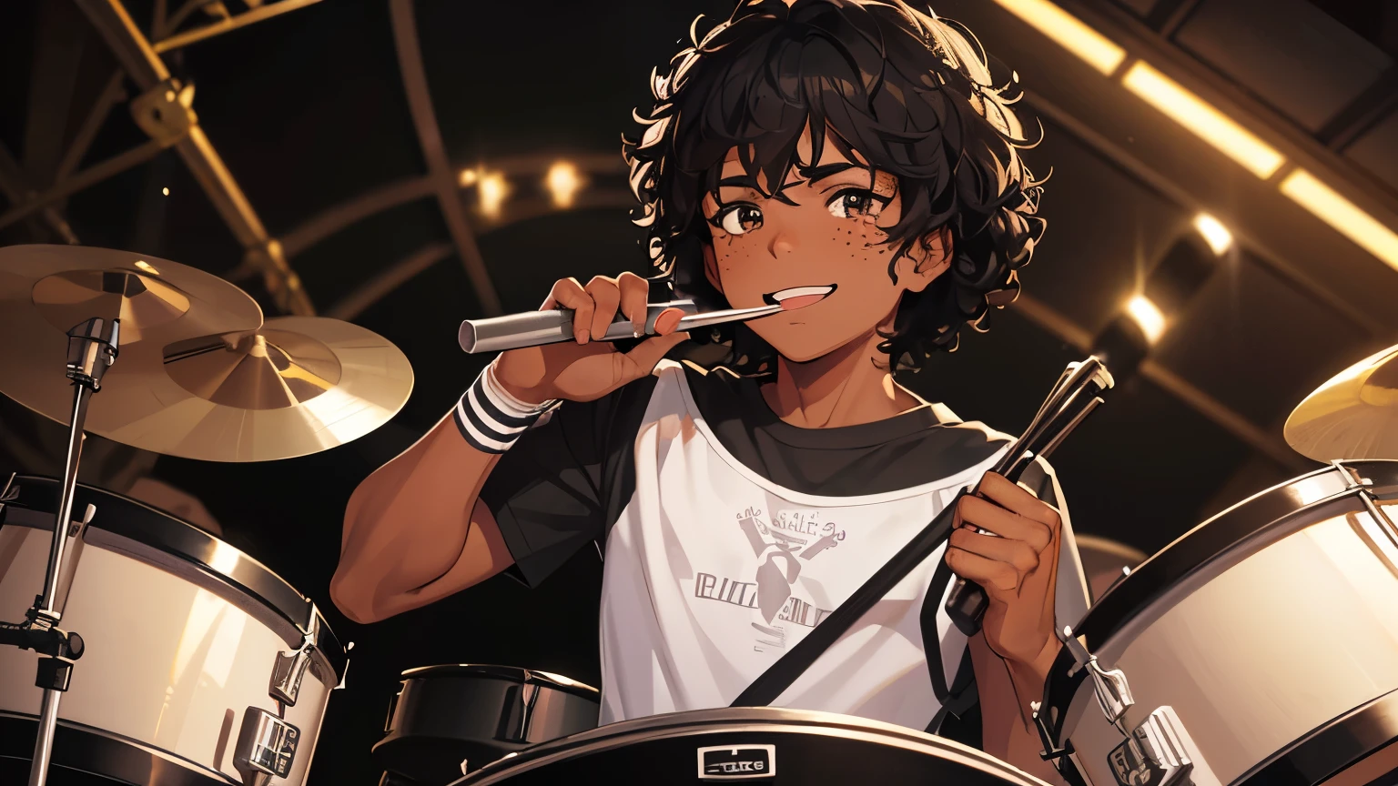 Dark-skinned boy, black curly hair, freckles on his face, happy, taking off a stylized mask, showing a part of his face, playing the drums, high resolution, high details, 4K, ultra hd