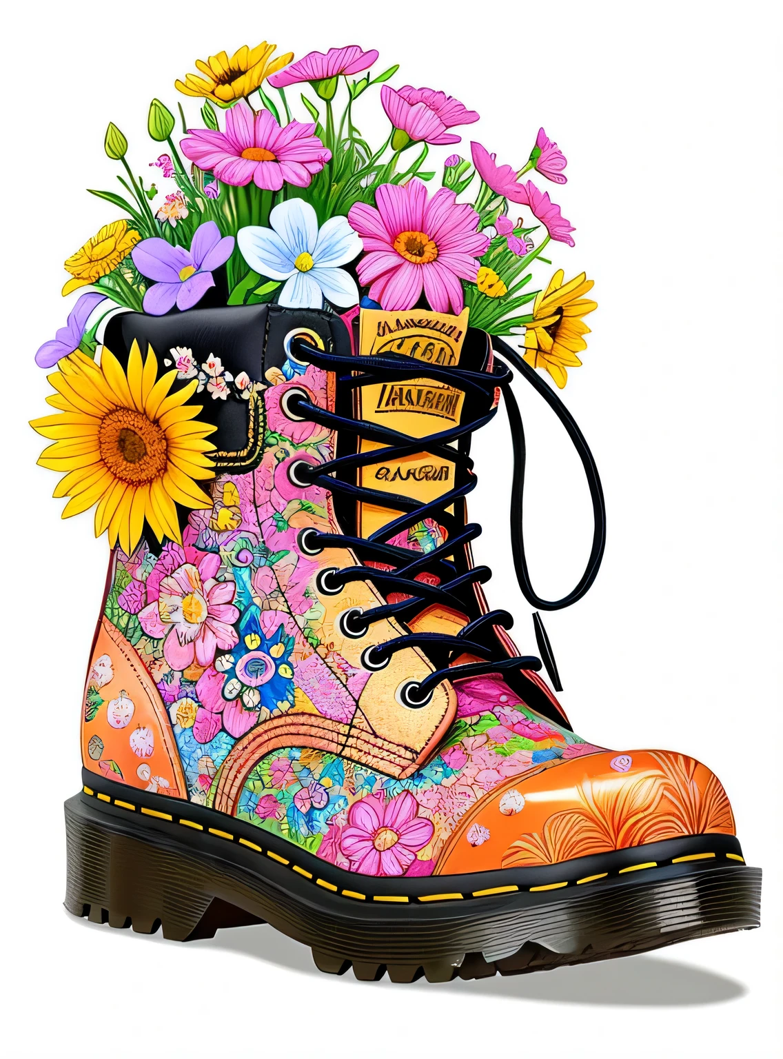 um close de uma bota com flores e uma casa, colorful digital illustration, colorful illustration, muito detalhado e colorido, arte digital altamente detalhada, arte detalhada fofa, arte caprichosa, arte mais detalhada, highly detailed illustration, botas doc marten, Direction: Arthur Adams, Direction: John Backderf, ricamente detalhado colorido, por Randy Post, altamente detalhado e colorido