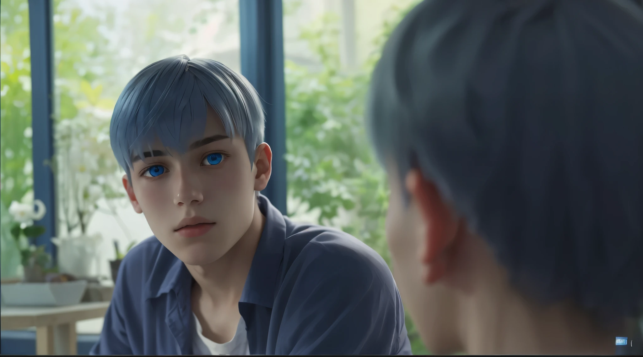 There is a young man of 15 years old with silver hair, blue eyes, he is a little surprised, he asks questions.