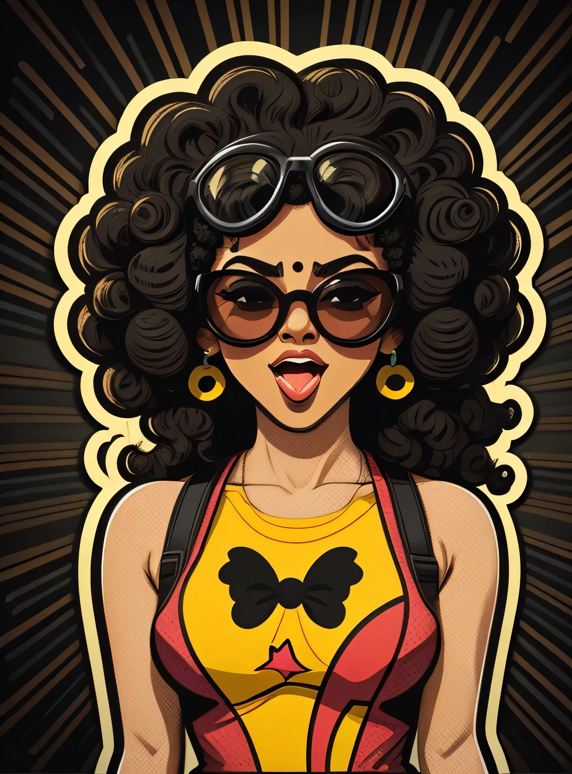 Adesivo Wow pop art face. woman with black afro curly hair and open mouth and sunglasses , Vector background in pop art retro comic dots style