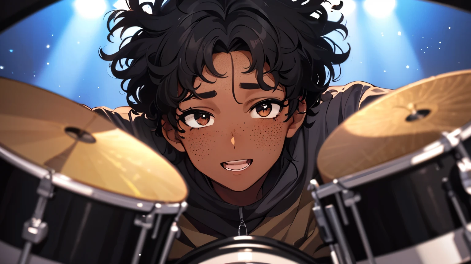 Dark-skinned boy, black curly hair, freckles on his face, happy, taking off a stylized mask, showing a part of his face, playing the drums, high resolution, high details, 4K, ultra hd