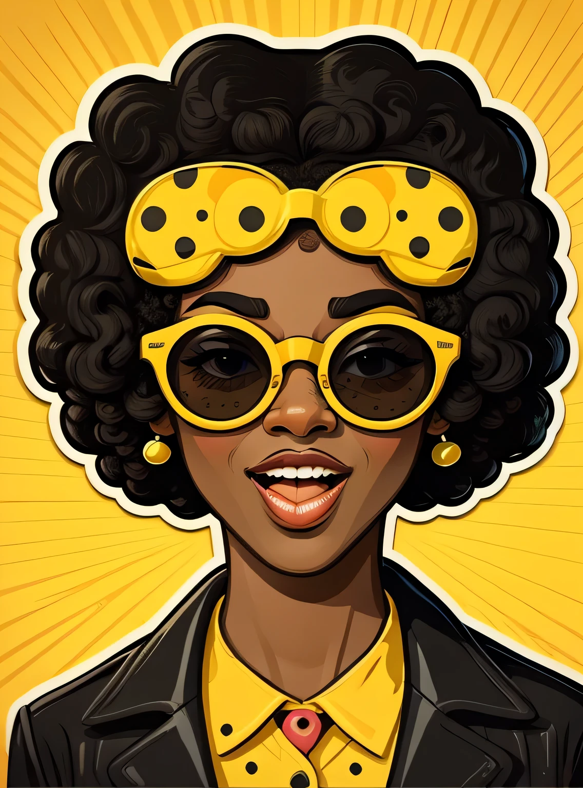 Adesivo Wow pop art face. woman with black afro curly hair and open mouth and sunglasses , Vector background in pop art retro comic dots style