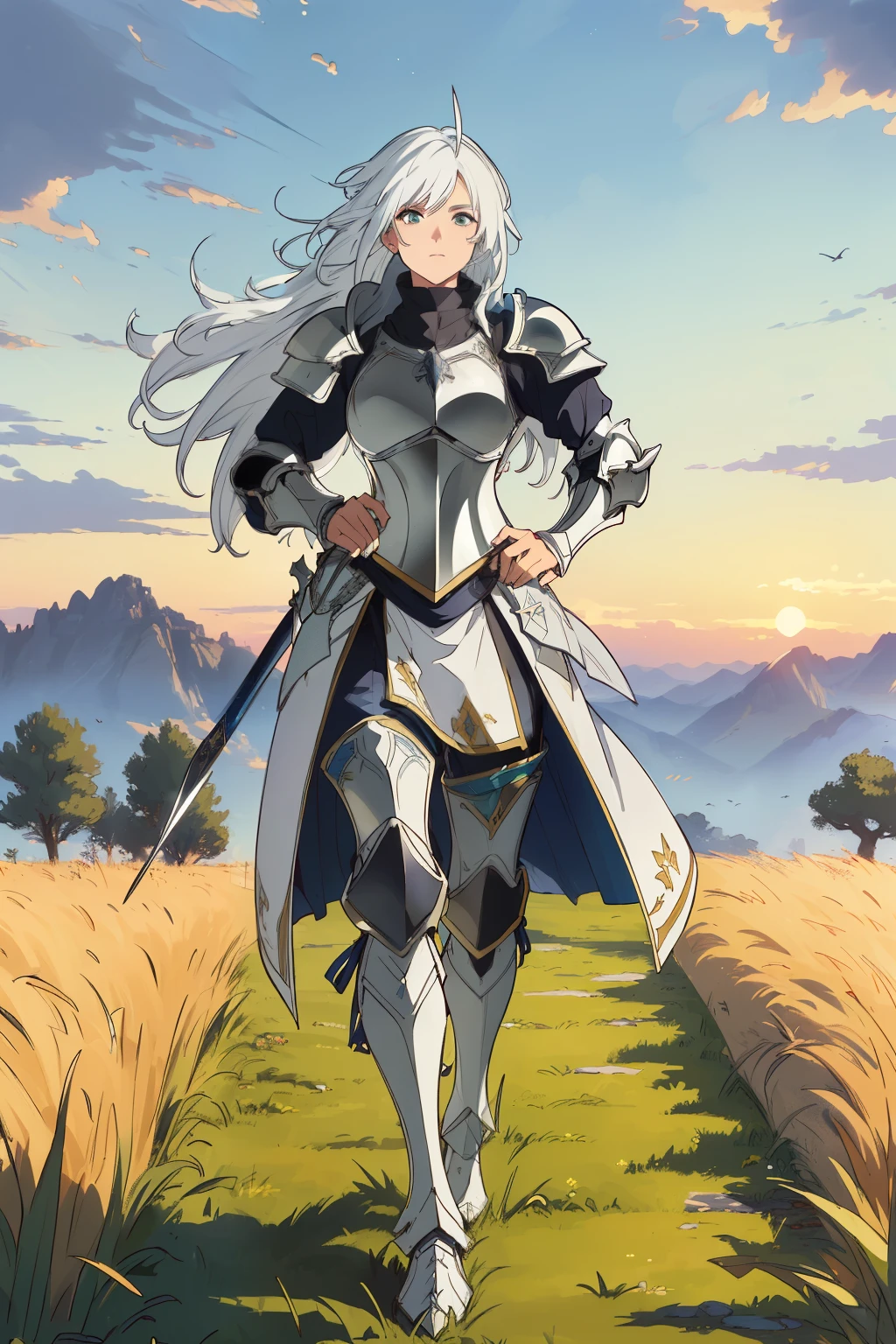 (best quality,4k,8k,highres,masterpiece:1.2), ultra detailed, medieval fantasy female knight, white hair, no armor, running, sunset, grass field, portrait