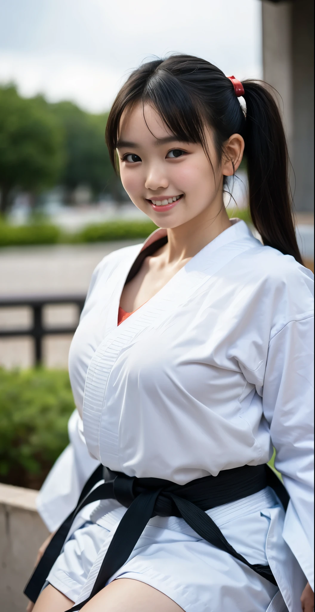 (8K、Raw photography、highest quality、masterpiece:1.2),(black haired、Two side up twin tails:1.5),show viewer,Looking at the front,erotic,白いskin,(wearing a karate kimono:1.7)、(dojo)、(Clothing that emphasizes the shape of your chest、publish one'skin:1.6)、(big :1.0)、slim body shape、ultra high resolution,beautiful,beautiful fece,(alone, alone、no background:1.9),whole bodyボディー,japanese woman,(Photoreal:1.37)、photon mapping,reality、(Cute with a baby face: 1.5)、(cute smile: 1.7)、(With a round face: 1.9)、radio city、Physically based rendering、depth of field rally background、photograph, (I can see your knees,close up of thighs:1.4),whole body、super fine