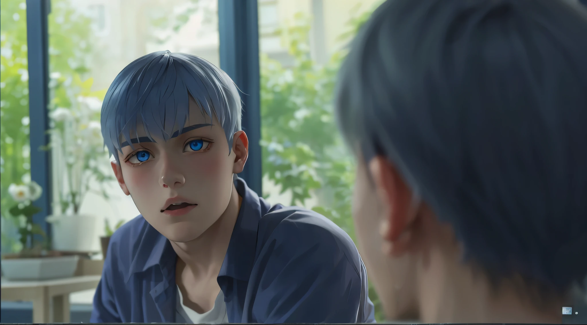 There is a young man of 15 years old with silver hair, blue eyes, he is a little surprised, he asks questions.