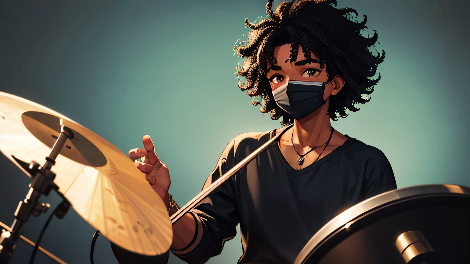 Dark-skinned boy, black curly hair, freckles on his face, happy, taking off a stylized mask, showing a part of his face, playing the drums, high resolution, high details, 4K, ultra hd