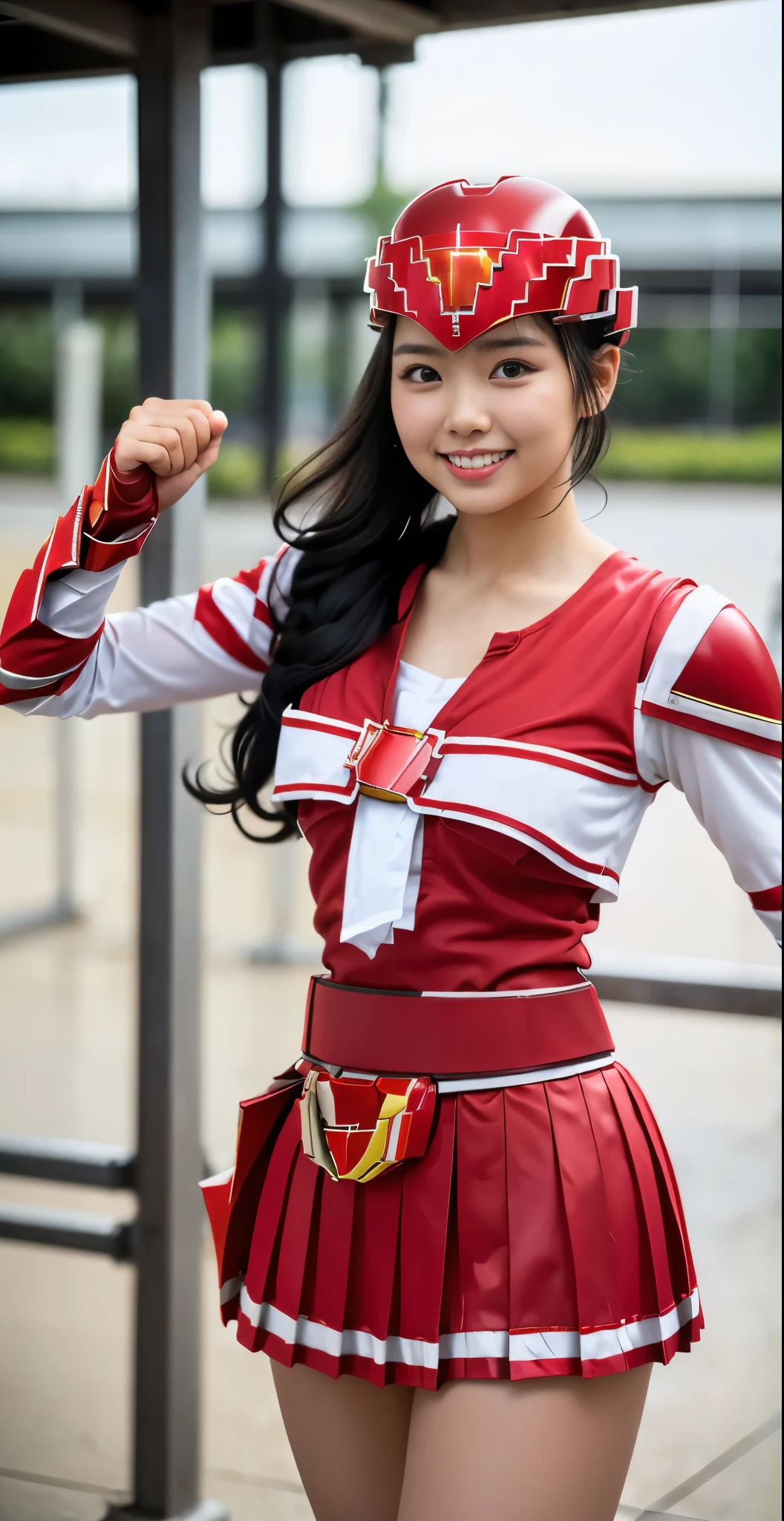 （8K、Raw photography、highest quality、masterpiece：1.2),(black haired:1.9),(twin tails、curly hair:1.3)、show viewer,Looking at the front,erotic,white skin,(She is wearing the costume of the beautiful warrior Red Ranger.:1.8)、(Clothing that emphasizes the shape of your chest:1.4)、(big breasts:1.2)、slim body shape、ultra high resolution,beautiful,beautiful fece,(alone, alone、no background:1.9),whole bodyボディー,japanese woman,（Photoreal：1.37）、photon mapping,reality、(Cute with a baby face: 1.5)、(cute smile: 1.7)、(With a round face: 1.8)、radio city、Physically based rendering、depth of field rally background、photograph, (I can see your knees,close up of thighs、too short skirt:1.5),whole body、super fine