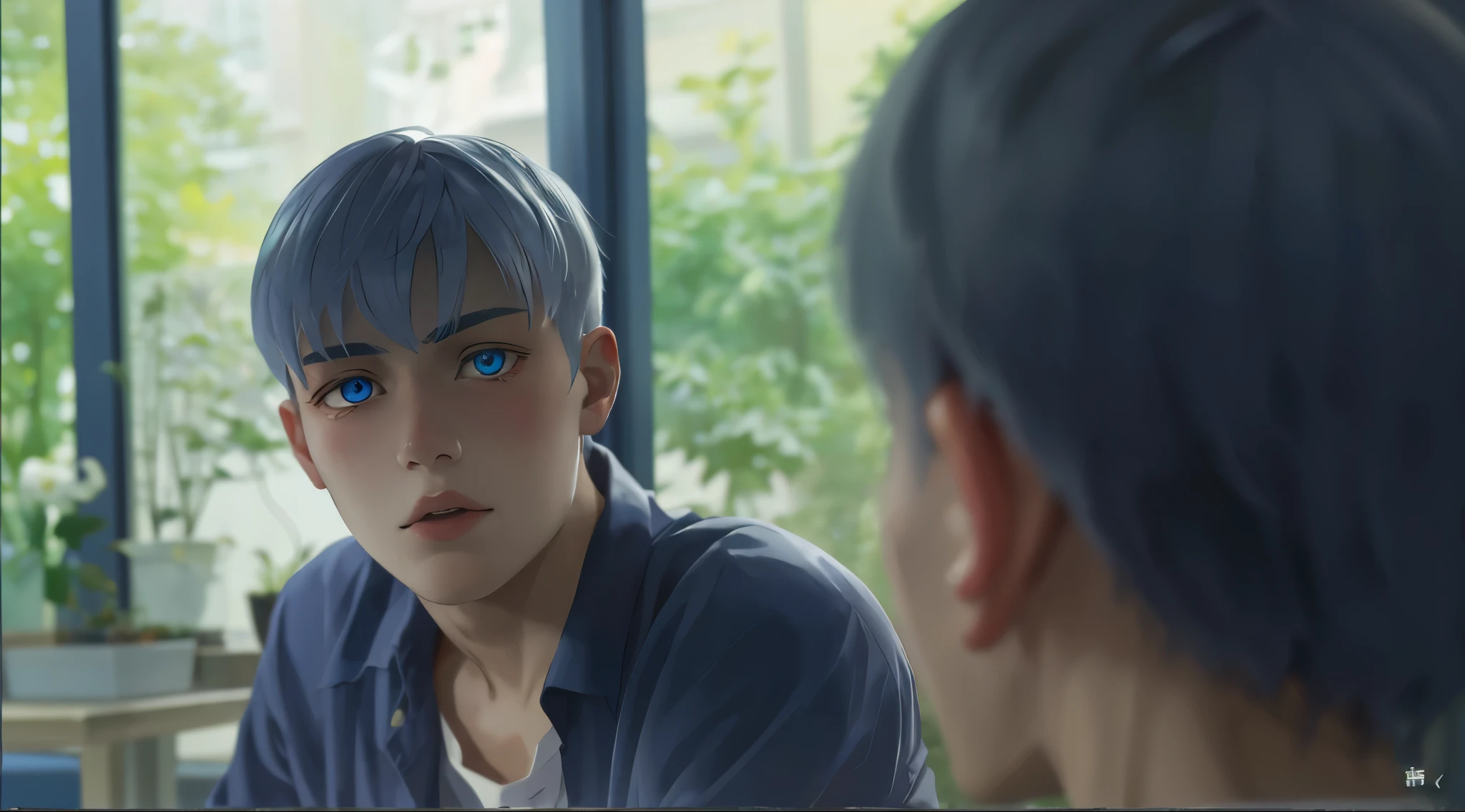 There is a young man of 15 years old with silver hair, blue eyes, he is a little surprised, he asks questions.