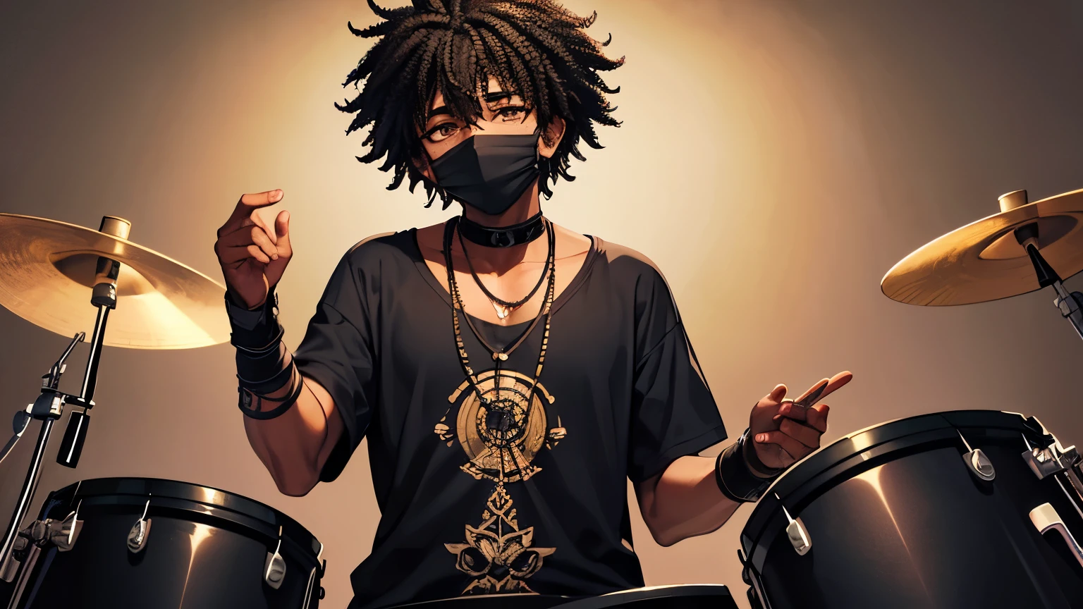 imagem de alta qualidade, personagem de anime, garoto, negro, expression of boredom, com gorro preto, touca de chamas azuis e brancas, headphone headset, fone de ouvido grande, casaco preto com gorro, metal chain around neck, corrente grande de metal, metal chain around neck 