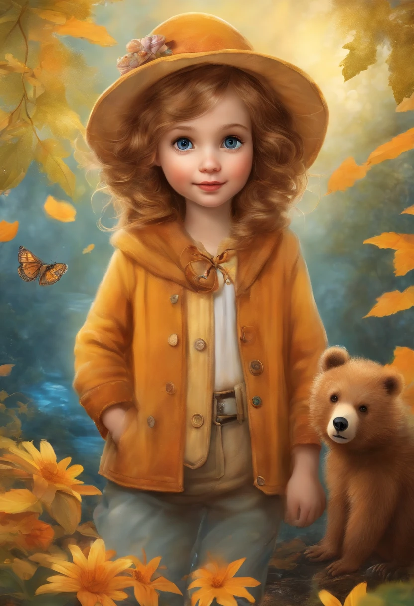 Comic book style, Paint with vivid watercolors, Two-legged little brown bear, cute clothing, greene eyes, an orange, Blue. amarelo, The is very detailed, The is very detailed, tmasterpiece, Fairy tale background, in wonderland, Dynamic colors, Fairy light, Beatrix Porter and Jean-Baptiste Montge, 32k ULTRAHD