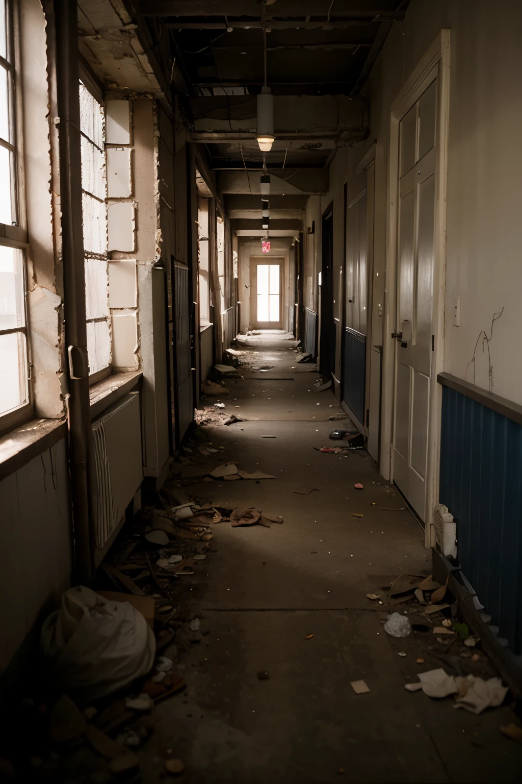 Surreal abandoned corridor dimly lit