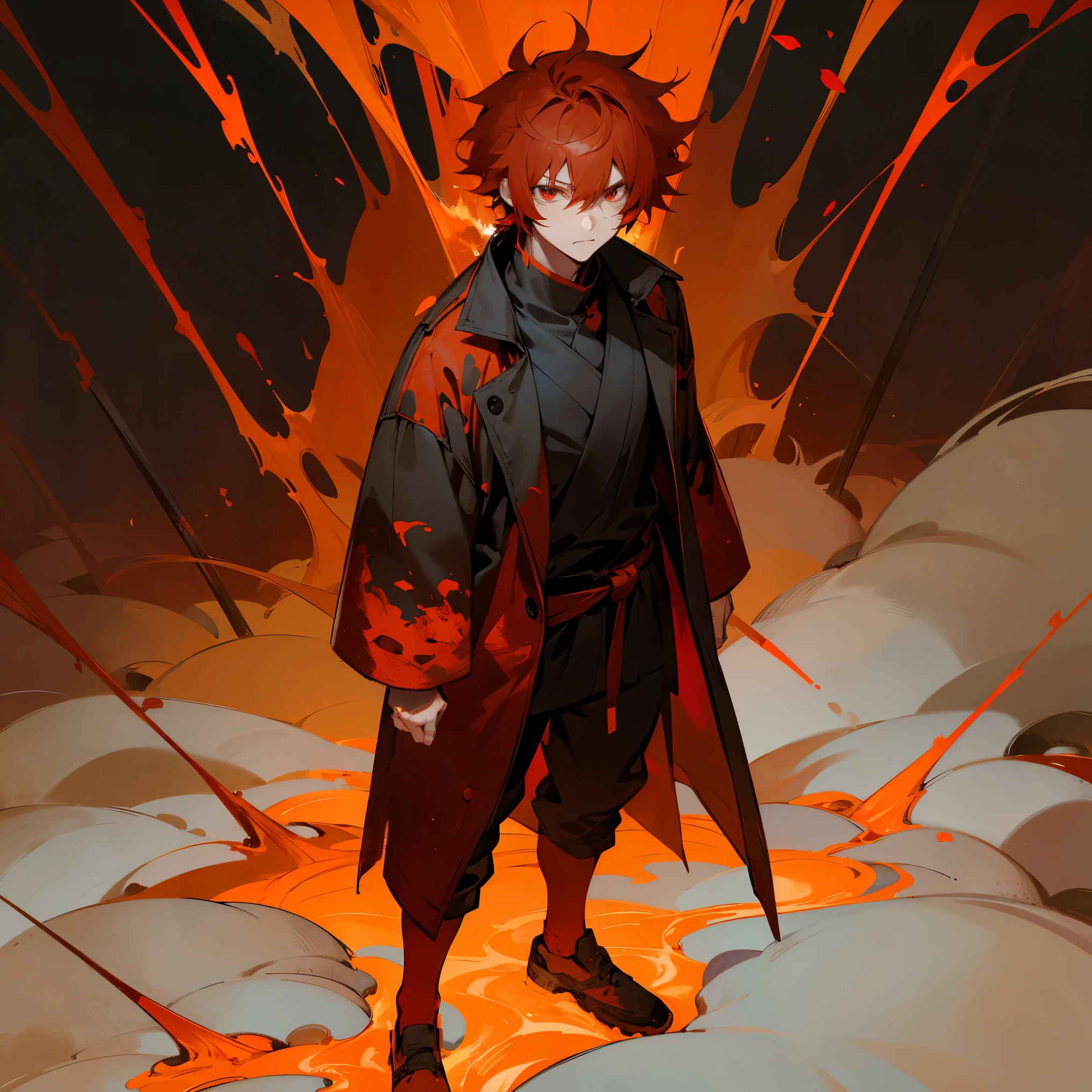 1male , Adult Male , Red Hair , Orange Highlighted Hair , Messy Hair , Medium Hair , White and Red Yukata , Red Eyes , Burning Forest Backcground , Standing on path , serious expression