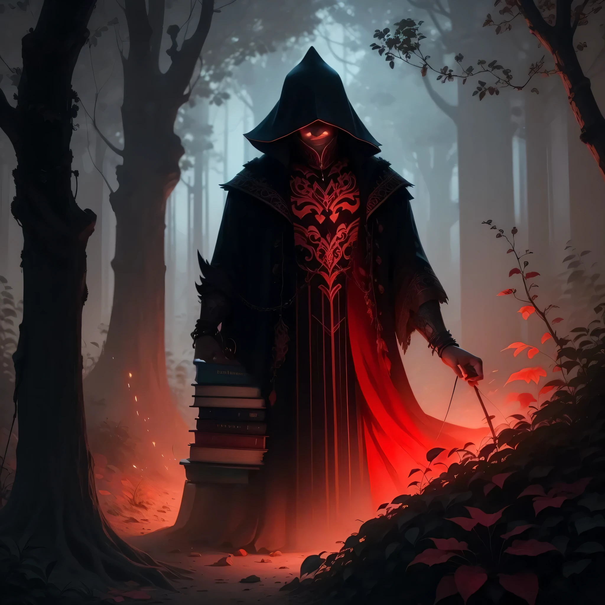 a dark witch with a black cloak, a white and red ritualist mask with elk horns, no parts of the skin are visible. it is in a dark swampy forest only ilumminated by the moonlight, with strange runes on the trees and a blood mark on the floor
