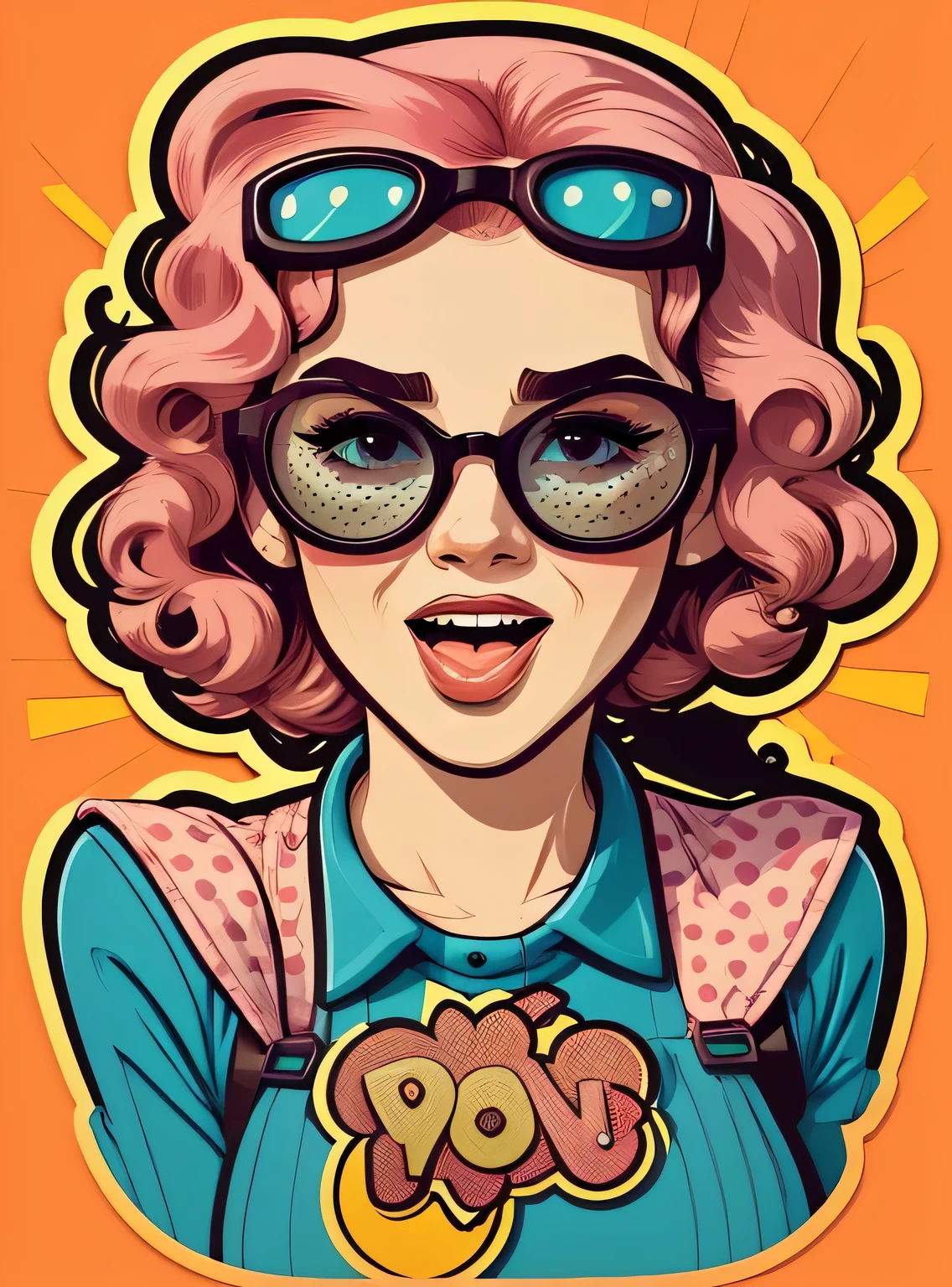 Adesivo Wow pop art face. woman with pink curly hair and open mouth and sunglasses , Vector background in pop art retro comic dots style