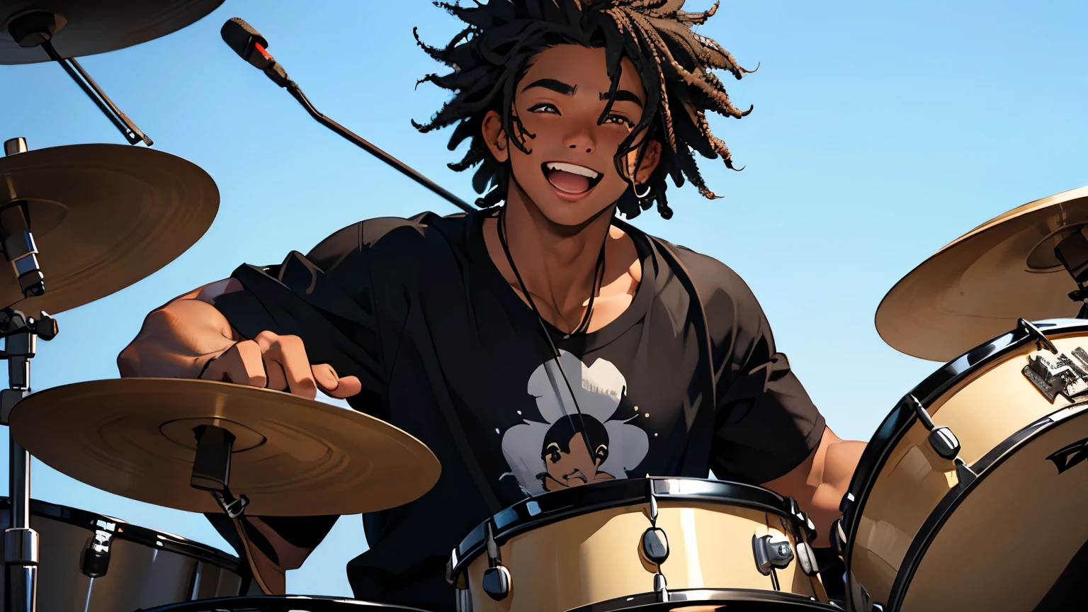 Dark-skinned boy, black curly hair, freckles on his face, happy, showing a part of his face, playing the drums, high resolution, high details, 4K, ultra hd