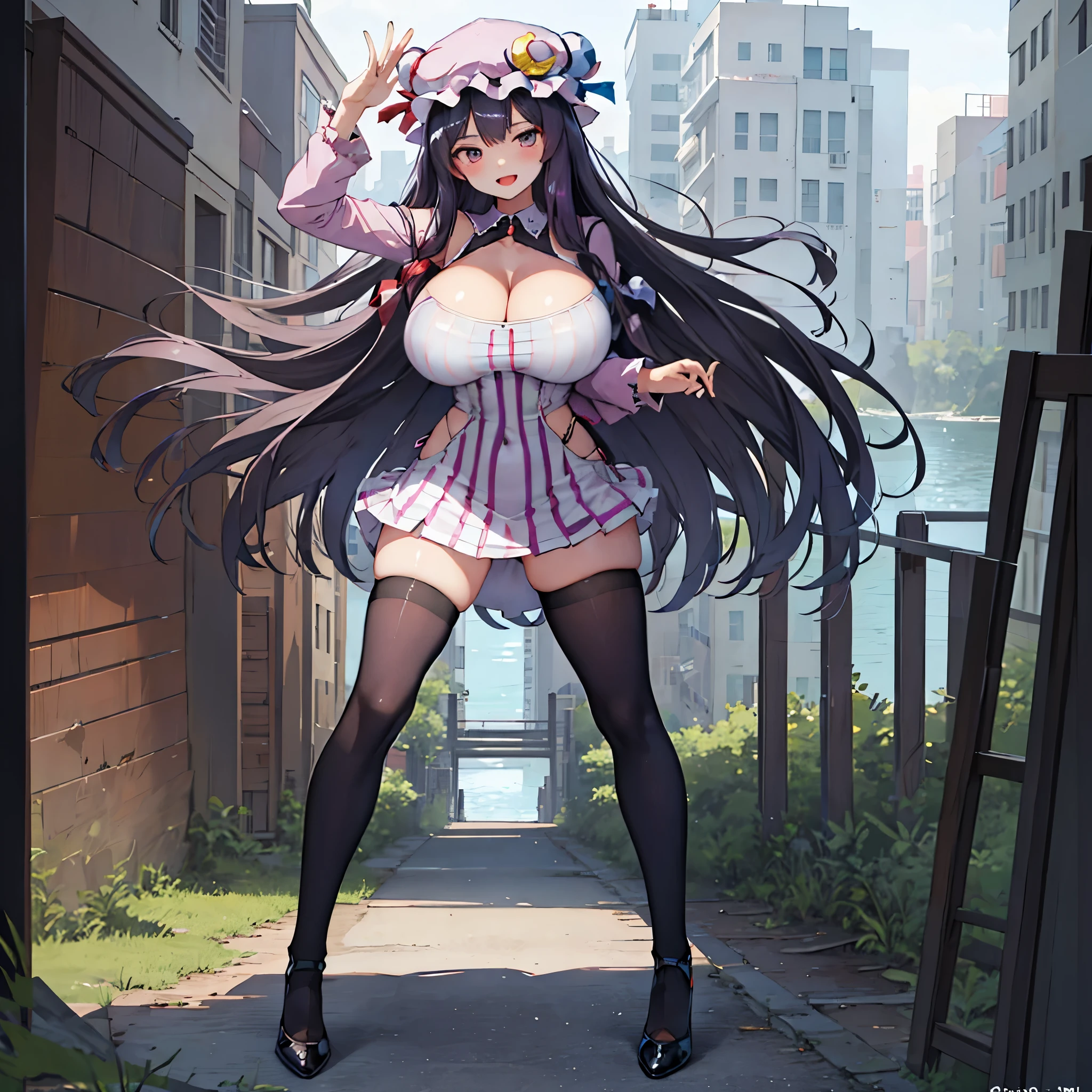 (Patchouli toho character), (standing at lakeside forest), outside, (standing with open legs wide:1.6), (arms behind back), (bending back), tiptoe, pigeon toed, BREAK, (disproportionately gigantic huge breasts:1.2), cleavage, inconceivably thin waist, very short torso, (thin long legs apart:1.23, BREAK, very short miniskirt, thigh gap, (black thighhighs:1.2), highheels, BREAK, smile for viewer, open mouth, nose blush, full body, (pussy juice)