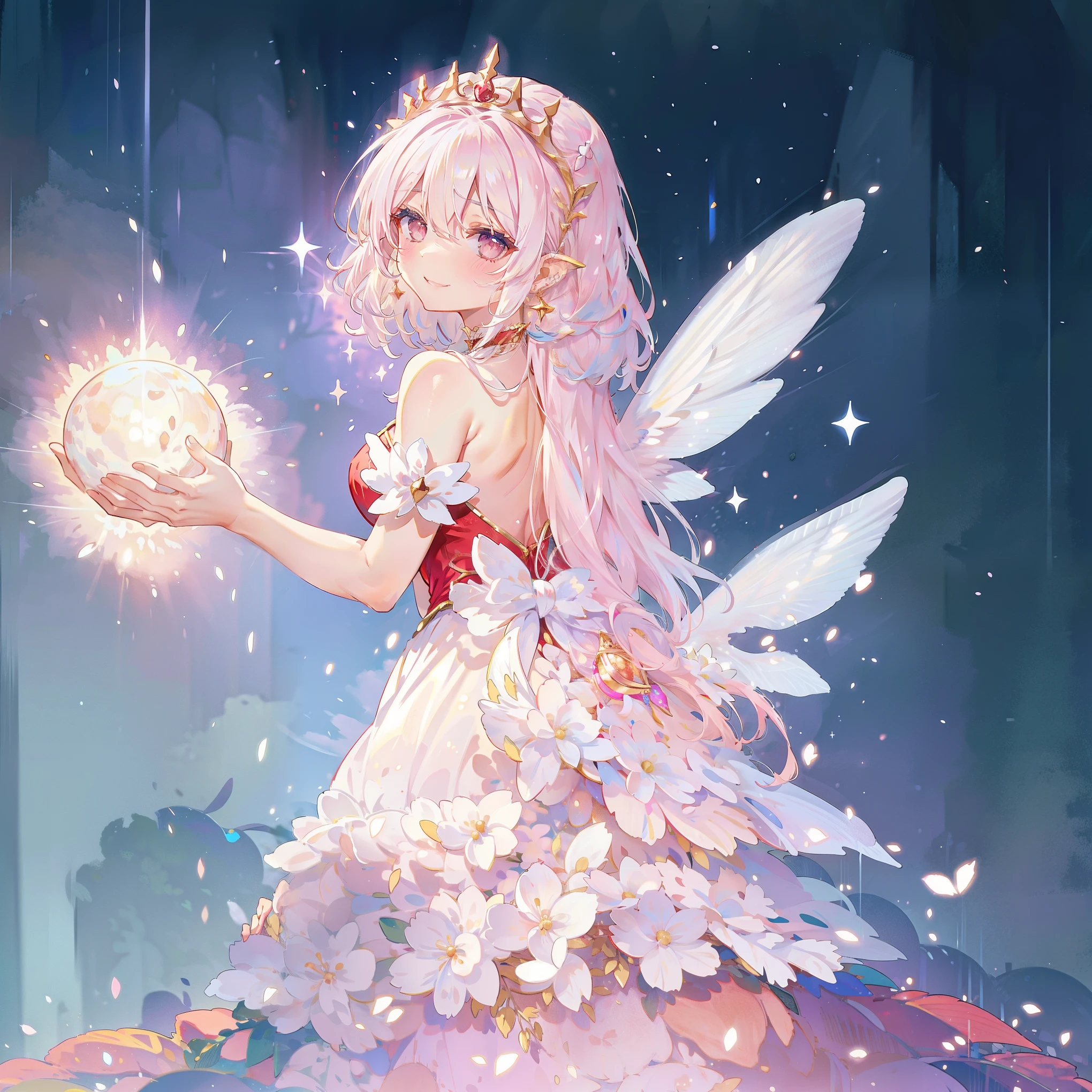 white background,((rose field)),((look back happily:1.2)),smile,happiness,make your cheeks red,Upper body,Big eyes,((long red dress that covers the legs)),((Sparkling red fluffy layered ball gown)),A large and beautiful dress inspired by rose flowers, lots of flowers、gold decoration,black ruffles、Intricate billowing ball gown with rhinestones,my heart is floating, ((Huge white fairy wings from the back))、Petals flutter,gradient hair, golden hair, hair in the wind, wavy hair,fluffy hair,tiara,earrings,choker,long eyelashes, light pink blush,pointed ears, long and thin legs, golden hour, dazzling light, warm lighting,only one face