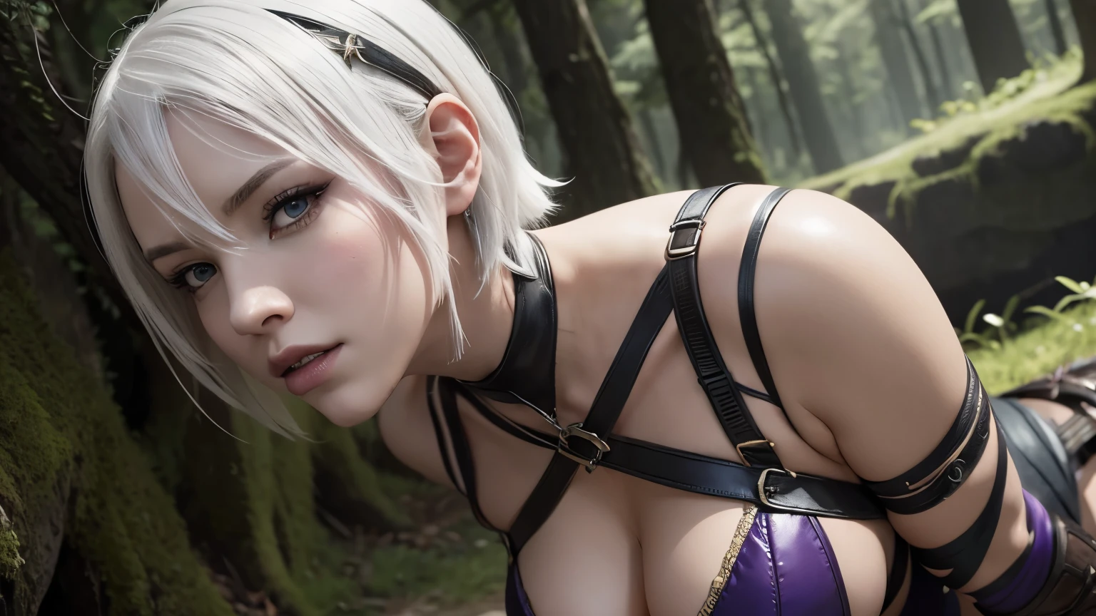 Ivy Valentine, Soul Calibur, Short hair, White hair, Sexy, Submission, Tied up, Excited, In forest, High details, 4K