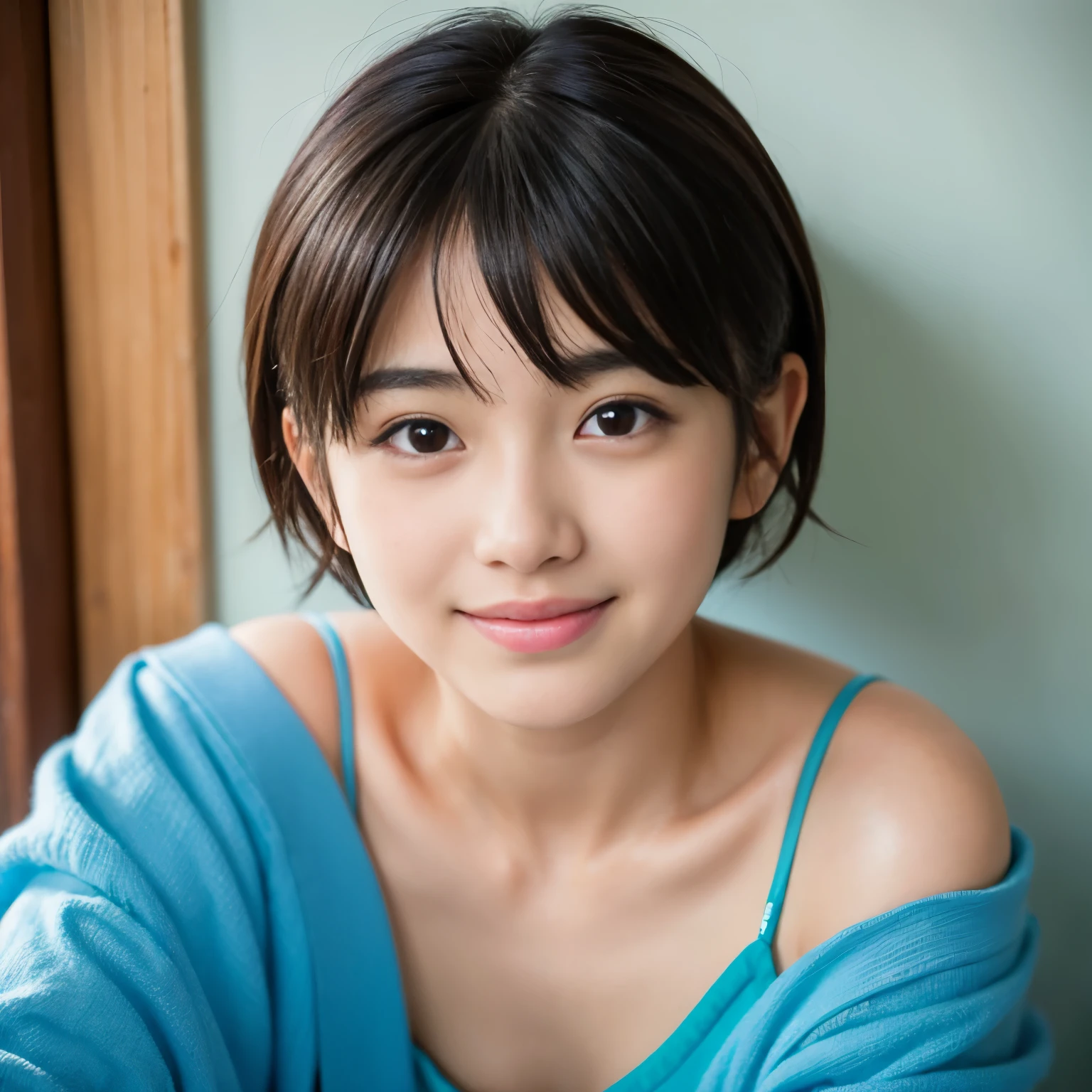 ((Neat elementary school girl)), (small person), ((slim, small breasts, flat breasts, small breasts)), short black hair, It's photorealistic, details, detailed skin texture, ultra detail, delicate sexy clavicle, shy smile, super detailed face, detailed lip, detailed eyes, ((a 12 year old girl))、delicate eyebrows、((short neck))、((baby face))、professional photography、((looking at the viewer))、studio photography、People photography、Horizont Studio、Professional Ritinini Dress)),((No bra)),((not wearing makeup))With bangessy hair),(Japanese style room),((sitting straight on the tatami:1.2)),