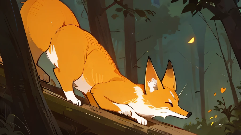 Detailed fox in the forest looking at the night sky. and the fireflies around the trees.