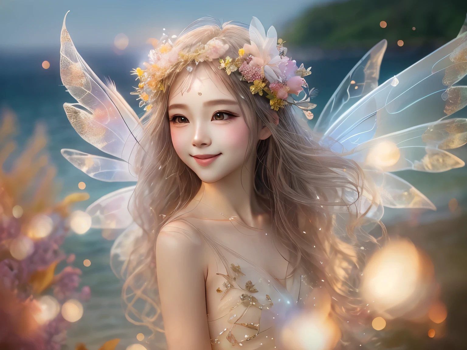 Beautiful fairy with a sense of transparency､Beautiful sparkling ocean、Transparent feathers､smile gently､Summer background､Gentle and transparent fairy､sunset