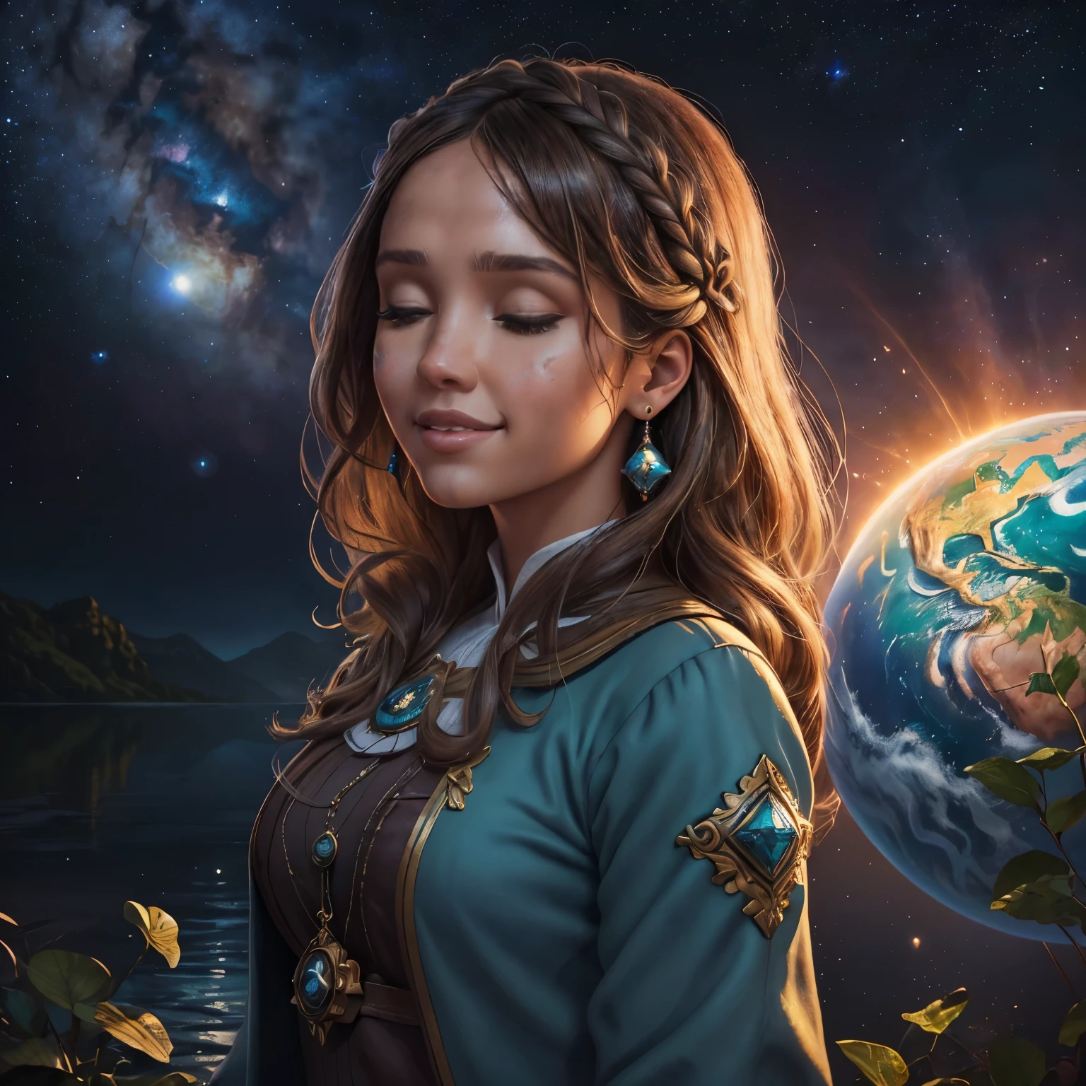 ((meio retrato))), (((Jessica Alba is in the lake is praying with her eyes closed and smiling, tem longos cabelos ruivos com franja, She's wearing a coat costume that's wearing religious Israeli clothes, ela esta usando luvas))), (((Planet Jupiter visible in the sky))), (((Incredible nebula and comet visible from the background))), (((and at night))), cute digital illustration, adorable digital painting, pintura realista da bonito, retrato bonito da arte da fantasia, retrato bonito da fantasia, bela arte digital, stunning digital illustration, a beautiful art illustration, Nice digital painting, lindo pintura digital, retrato da arte da fantasia, bela arte digital, (((ela tem brincos pretos))), (((cores vivas))), contorno detalhada, realista, (Cor deslumbrante, pele bronzeada, Cinematic lighting, cores vivas, (((Seus penetrantes olhos azuis do planeta, sutilmente desligado, mas cativante))), (photo realistic: 2.5), surrealismo, rosto cartoon, (luvas),