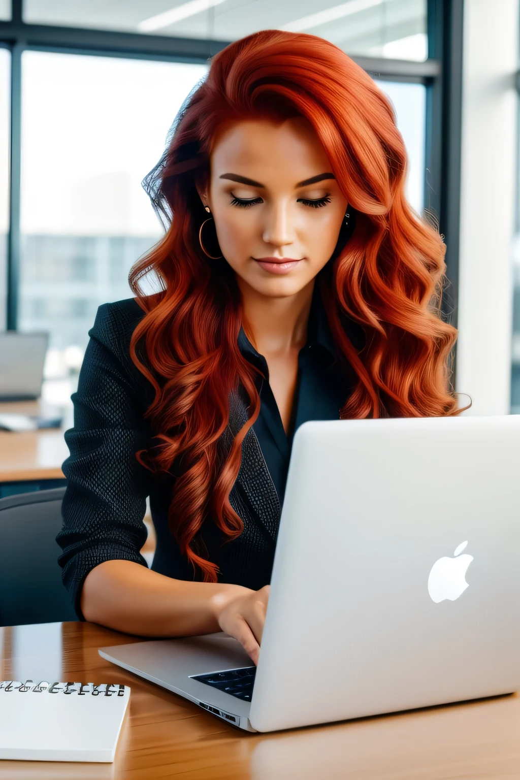A businesswoman sitting at a table in a modern office working with her MacBook. The woman for a long time, cabelos ruivos ondulados. The image is incredibly detailed, Profissional e realista. It was taken with a Sony AIV camera