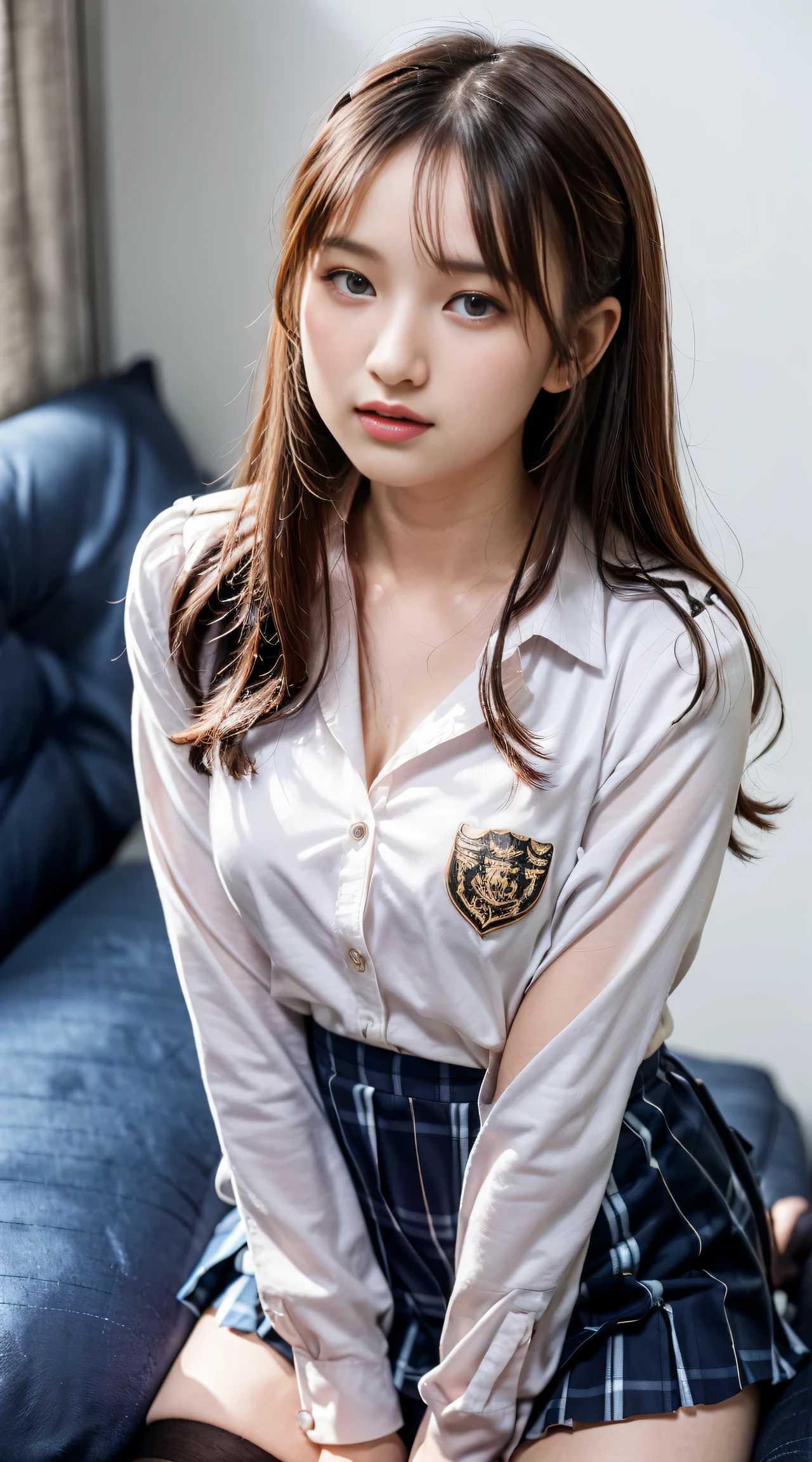 (1 girl), highly detailed girl, solo, ((highly detailed face)), extremely detailed CG unified 8k wallpaper, highly detailed, raw color photos, professional photography, Realistic, (slender, cleavage:0.8), ((wearing  high school uniform with open chest:1.45)), (looking at viewer, embarrassed:1.6, ashamed:1.45, sleeping:1.2, close eyes:1.24, upturned eyes, flustered, open mouth), dark pleated skirt, bedroom,(from above lying on her back, head on a pillow, spread open legs, highthigh, black stockings, cameltoe:0.8, full body)