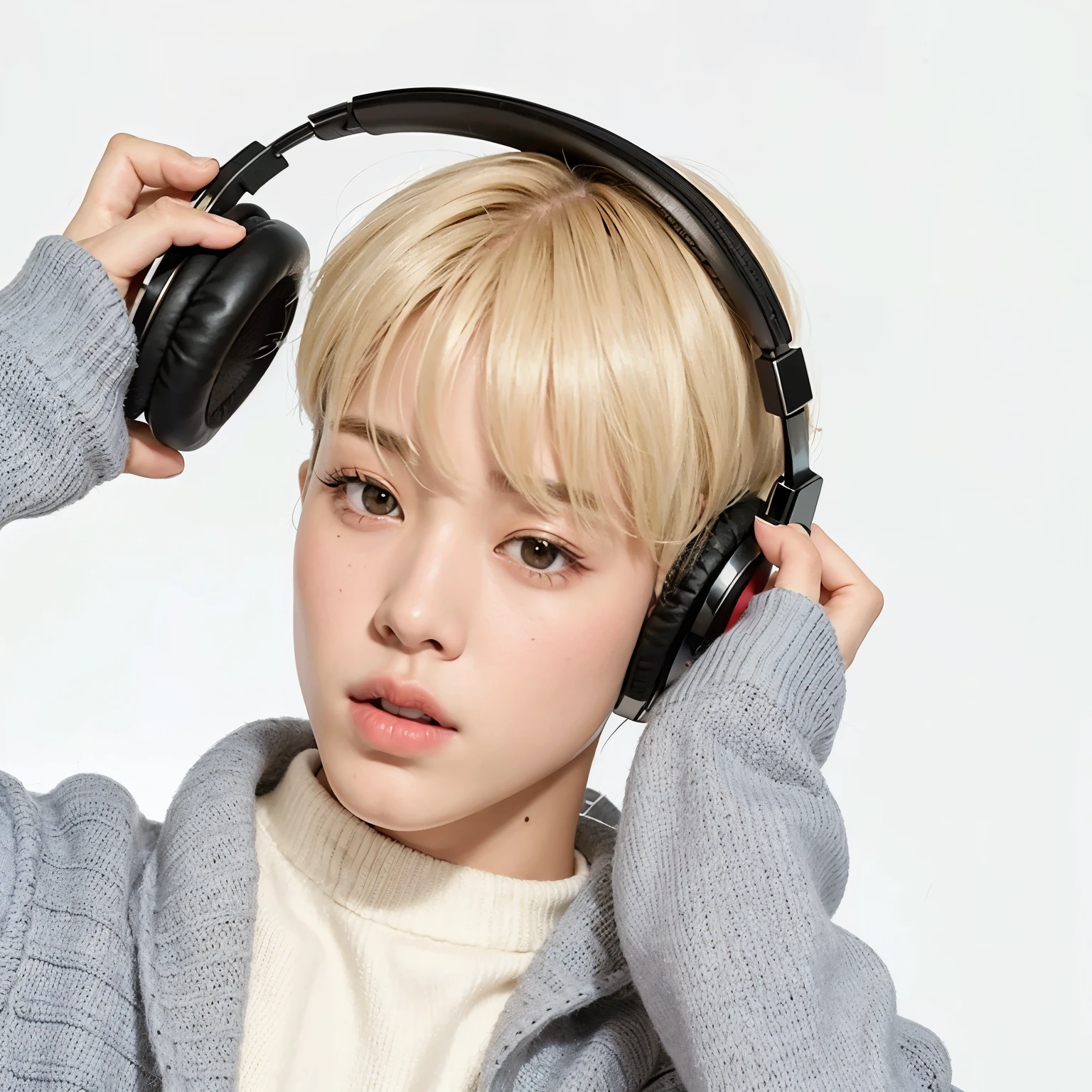 A closeup of a person wearing headphones and a sweater;, Jimin, park Jimin, Jimin\the full lips, accurate Jimin face, Kim Doyoung, com fones de ouvido, com fones de ouvido, ele tem fones de ouvido, Jimin\o nariz grego, hyung tae, com cabelo curto, BTS, Jimin\the right eyelid is swollen, Jungkook