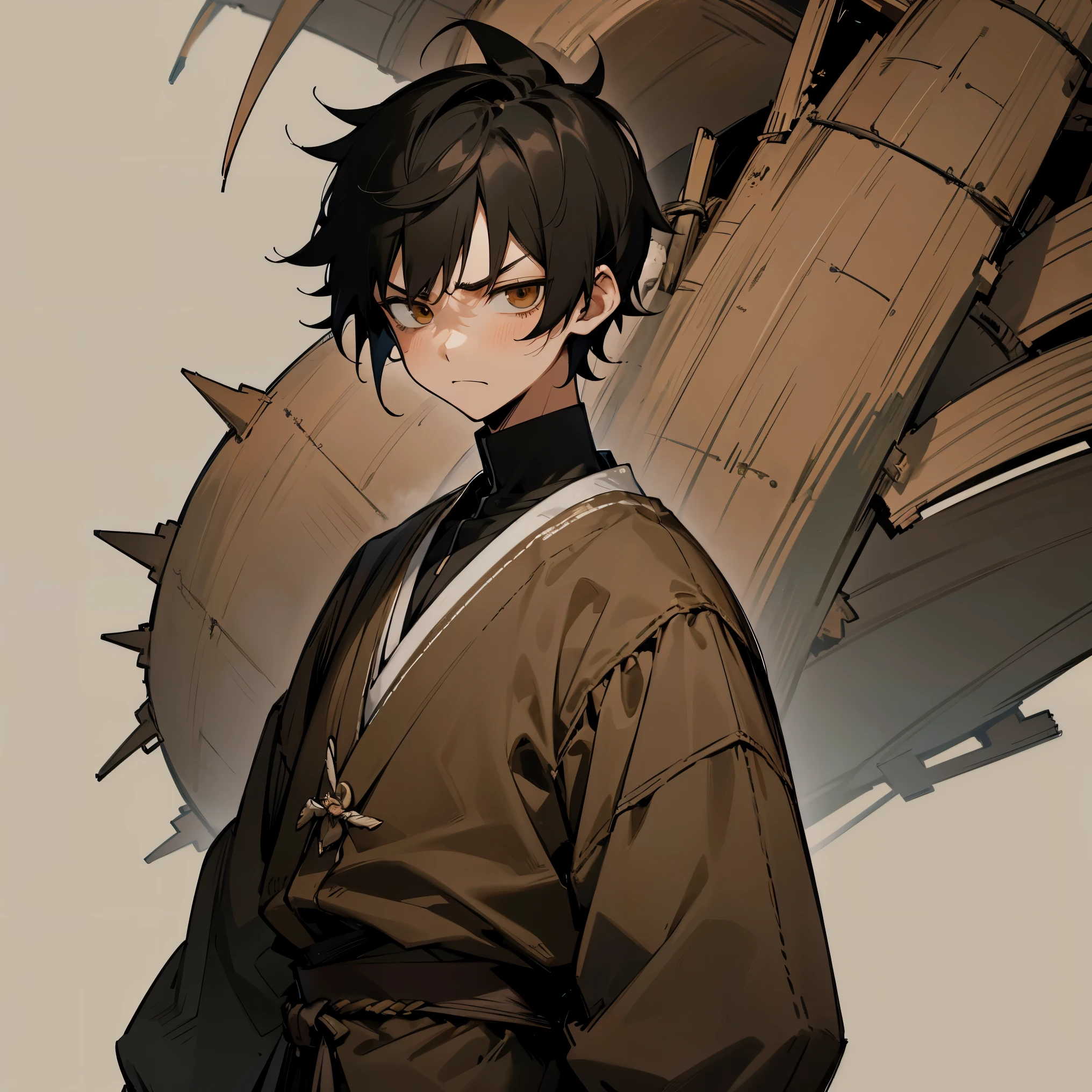 1male , Adult Male , Black Hair , Short Hair , Spiky Hair , Chihiro Hair , Brown Eyes , Brown Clothing , Tattered clothing , Sad Expression , Serious Expression , Fisher Village background , Muscular