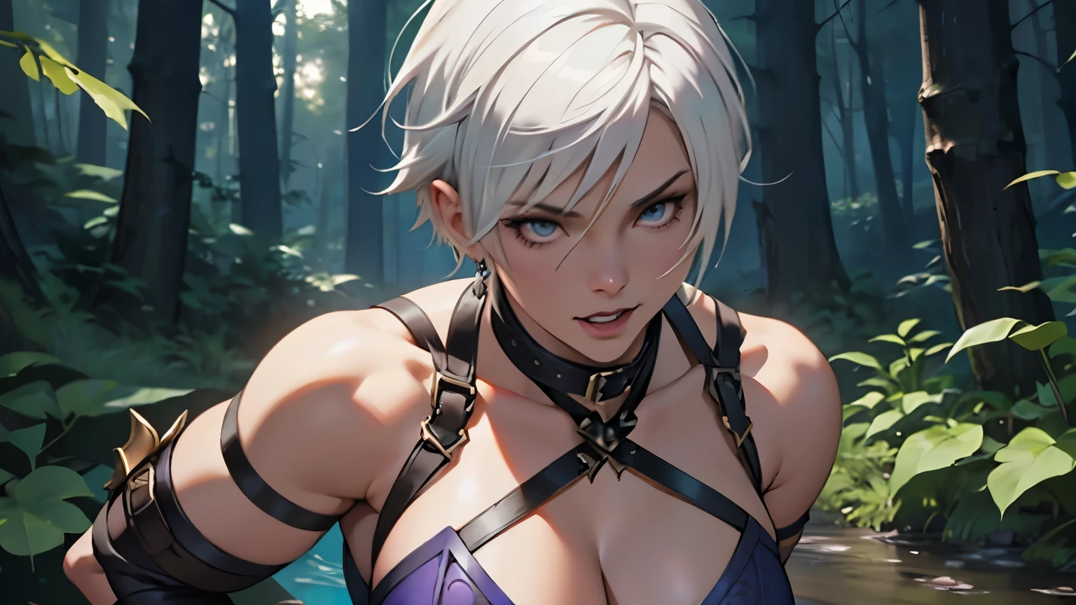 Ivy Valentine, Soul Calibur, Short hair, White hair, Sexy, Submission, Tied up, Excited, In forest, Night, High details, 4K