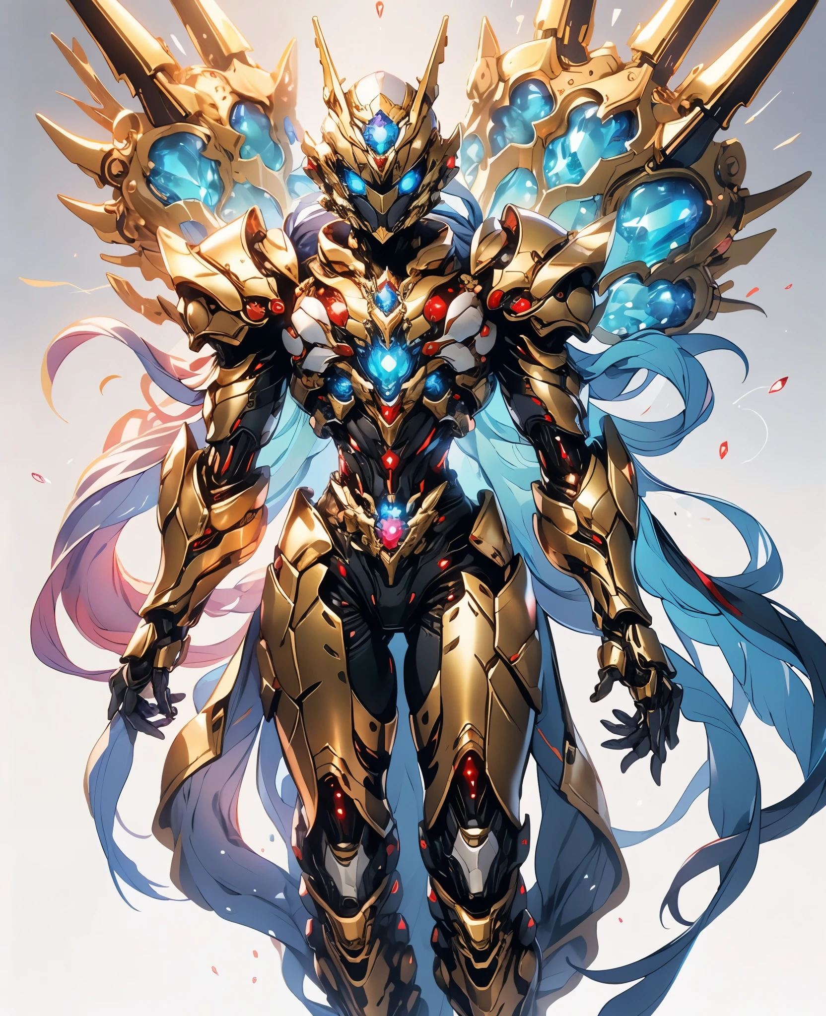 A woman adorned in fantasy-style full-body armor, a crown-concept fully enclosed helmet that unveils only her eyes, a composite layered chest plate, fully encompassing shoulder and hand guards, a lightweight waist armor, form-fitting shin guards, the overall design is heavy-duty yet flexible, (the armor gleams with a golden glow, complemented by red and blue accents), exhibiting a noble aura, she floats above a fantasy-surreal high-tech city, this character embodies a finely crafted fantasy-surreal style armored hero in anime style, exquisite and mature manga art style, (Spider Concept Armor, plasma, blood), ((Element, bio mecha, long legs, elegant, goddess, femminine:1.5)), metallic, high definition, best quality, highres, ultra-detailed, ultra-fine painting, extremely delicate, professional, anatomically correct, symmetrical face, extremely detailed eyes and face, high quality eyes, creativity, RAW photo, UHD, 32k, Natural light, cinematic lighting, masterpiece-anatomy-perfect, masterpiece:1.5