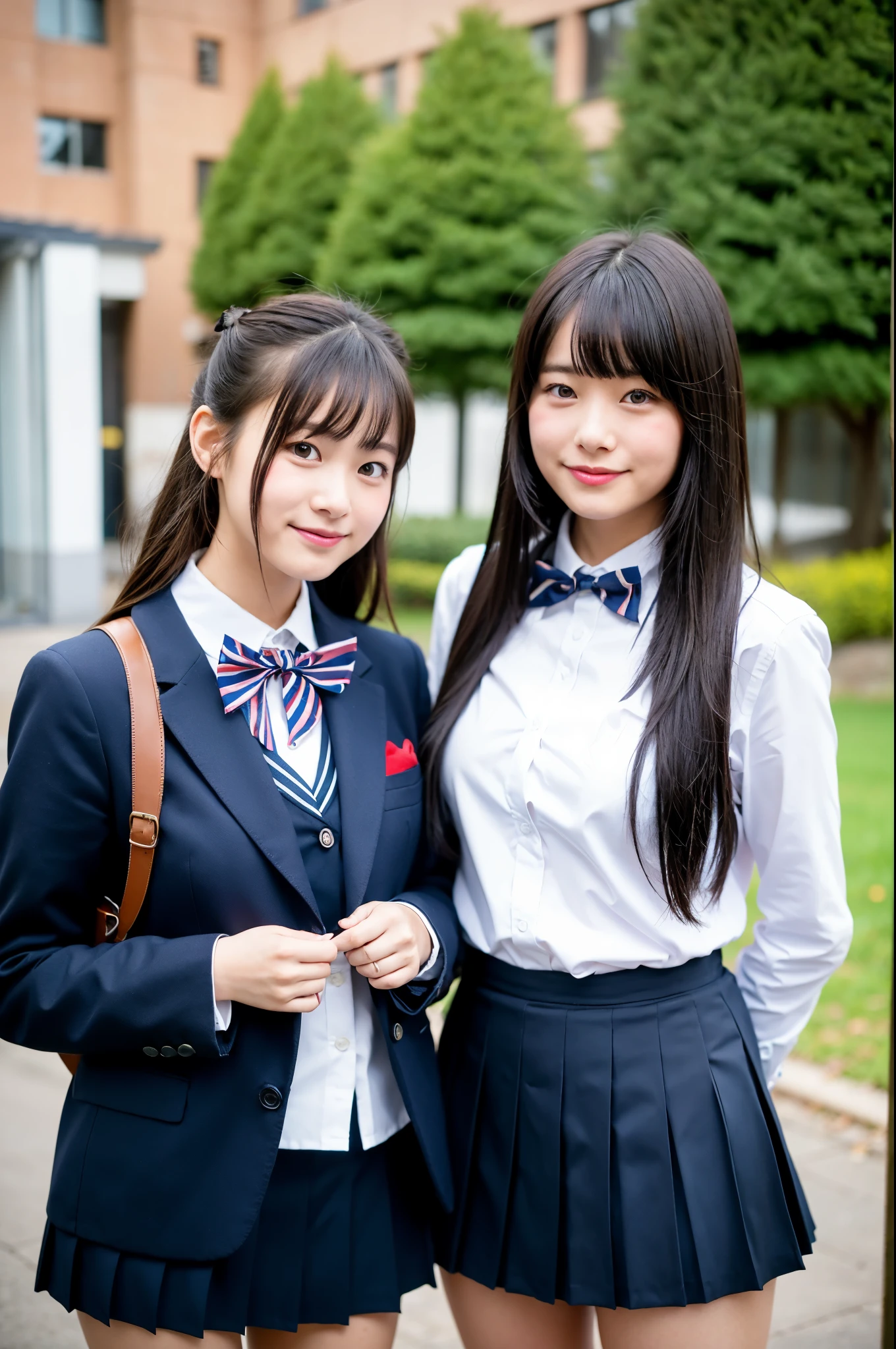 2 girls standing in school yard,navy blue blazer,white shirt with red bow tie,navy blue pleated skirt,navy blue knee-high socks,school bag,18-year-old,bangs,a little smile,thighs,knees,straight hair with barrette,from below,front-light