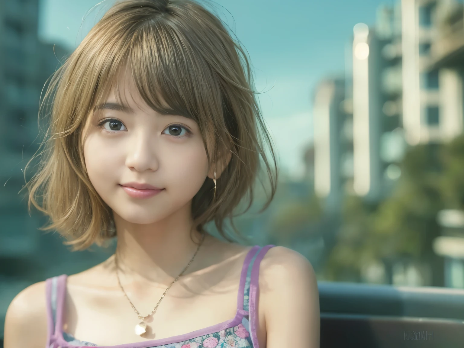 (8K, highest quality, masterpiece:1.2), (realistic, Photoreal:1.37), super detailed, one girl,cute, solo,beautiful and detailed sky,date,(nose blush),(laughter:1.15),(closed mouth)small breasts、beautiful and fine eyes、(hair length: 1.2)、Floating hair NovaFrogStyle、Upper body、Tank top、18 year old female、smile