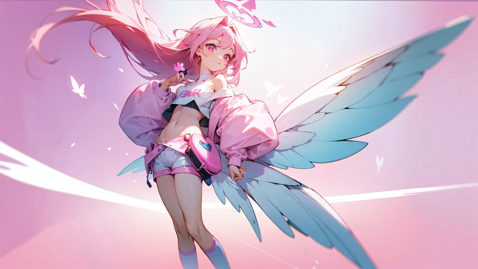 female, anime girl, image is front view of her body, face smiling, long loose pink anime side hair to the waist, valentines off shoulder crop top with white heart in the middle, white and pink shorts with pink and white socks, white wings, pink halo on top of head, full body, cute pose, cute style body, pink gradient background, pink eyes, white butterflies around her, youtube banner, have body in the center, background be the top and bottom, have the girl in the center and smaller, more background, smaller character