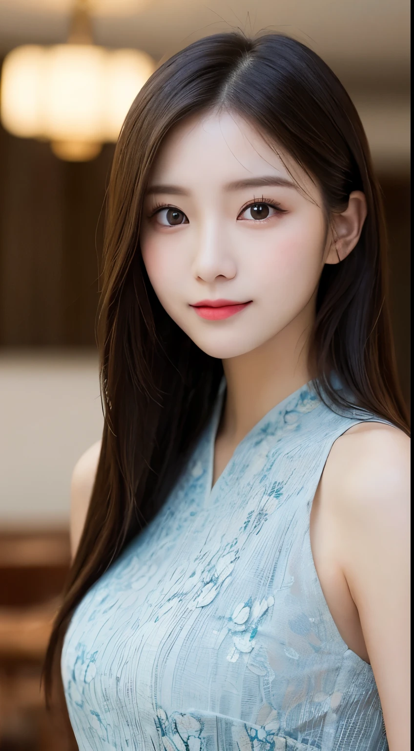 table top, highest quality, shape, Super detailed, finely, High resolution, 8k wallpaper, 完璧なダイナミックな構shape, beautiful and detailed eyes, Elegant and gorgeous Chinese clothes(With slit),straight hair,,natural color lip,smile,20 year old girl、cute、Sexy looking at camera,Always blur the background,perfect and beautiful face,Take only the face,beautiful and detailed face、slim face and style、Big eyes、elegant face、beautiful and detailed face、KPOP idol face、japan idol face、Big eyes、The top floor of a high-rise hotel、blur background、Take a full body photo、Kung fu pose using the whole body