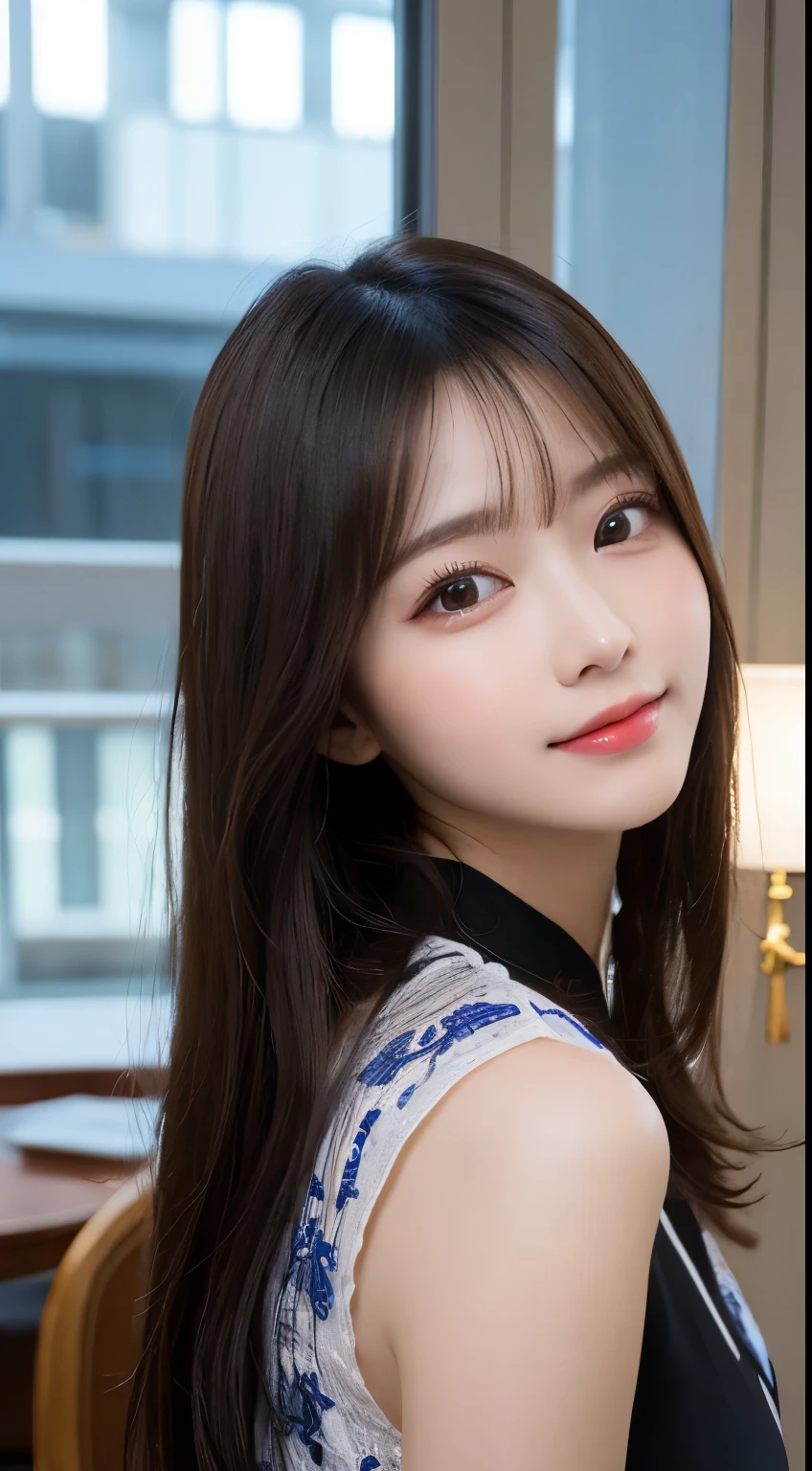 table top, highest quality, shape, Super detailed, finely, High resolution, 8k wallpaper, 完璧なダイナミックな構shape, beautiful and detailed eyes, Elegant and gorgeous Chinese clothes(With slit),straight hair,,natural color lip,smile,20 year old girl、cute、Sexy looking at camera,Always blur the background,perfect and beautiful face,Take only the face,beautiful and detailed face、slim face and style、Big eyes、elegant face、beautiful and detailed face、KPOP idol face、japan idol face、Big eyes、The top floor of a high-rise hotel、blur background、Take a full body photo、Kung fu pose using the whole body