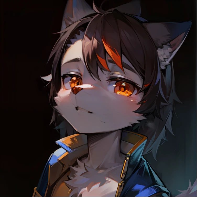 Snowy mountains Snow,full bodyesbian,Young Wolf,人物,tmasterpiece,Blue down jacket,Furry tail,Highest image quality,8K,Full HD background,Cartoony,adolable,komono,male people,a plush,Furry,White fur,White body,blue ear,Orange-yellow eyes,solo person, Wolf tail, Wolf ears, ((half-body portrait)),Soft lines,Soft lines of clothing